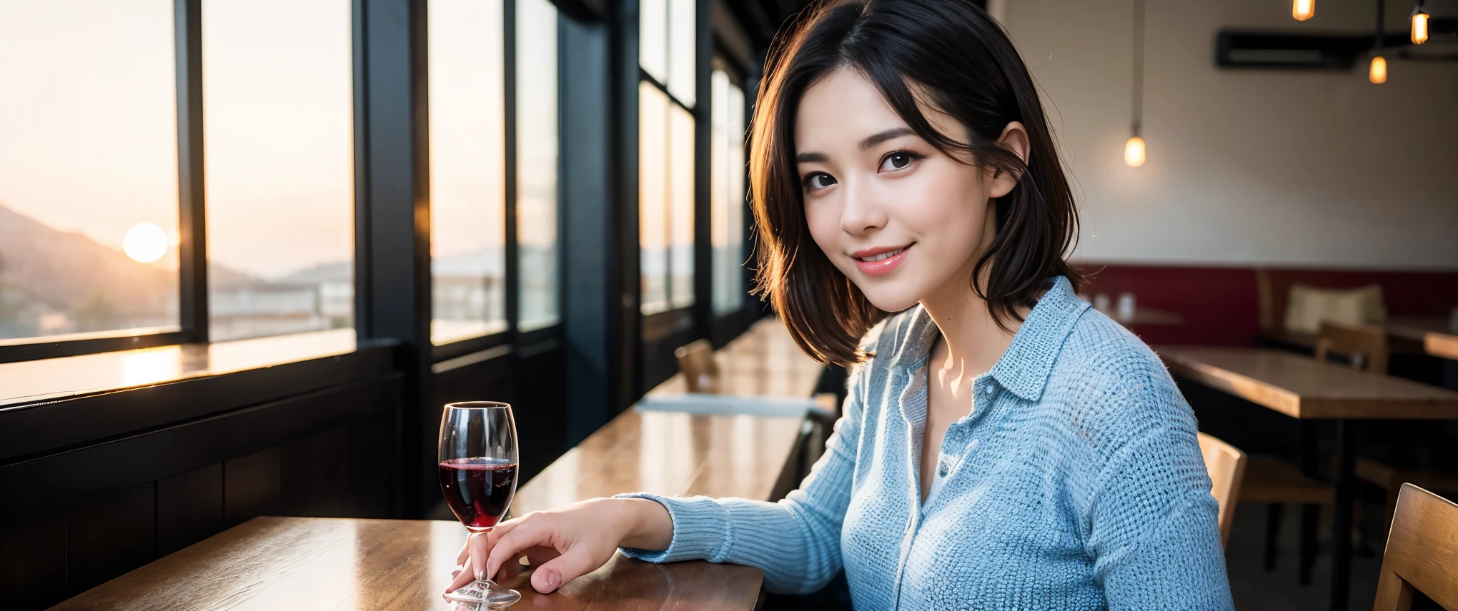 ((highest quality、8k、masterpiece:1.3))、Sharp focus:1.2、Beautiful woman perfect body:1.4、slimなボディ、((Bob Hale、Straight hair:1.2))、(to be born, highest quality, masterpiece:1.5), (Realistic, Intricate details:1.2), Ultra-high resolution, Please shine a light on my face、Amazing view of the sunset sky and clouds、Amazing mountain views、ニコニコ明るいsmile、wine glass、red wine 、Appetizers、Italian food、Wine bottle、Champagne、sparkling wine、, Beautiful Face, blue eyes, The light shines on your face, Blushing, short hair,Bright Face、Fox face、 (36 years old), 39 years old, Lady、Two beauties、Brown Hair、Shortcuts、Long sleeve shirt、dress、Pretty Woman 1, (slimな顔), (The body is slim), (Brown Hair), (Shortcuts), cheeks turn a little red,Attractive beauty、, Out of the window, A beautiful and detailed night view unfolds.........., restaurant, In a prominent place (From the waist up) Nova Frog Style, actress, model, Upper Body, White wine, slim, wine glass, 真ん中に置かれたwine glass, smile, (smile: 1.15), Beautiful fine grain, Depth f/2,saturation, High Contrast, Strong light and shadow,Moist Body:1.5、3D texture、Delicate eyes、Brown Hair、The hair is very shiny、