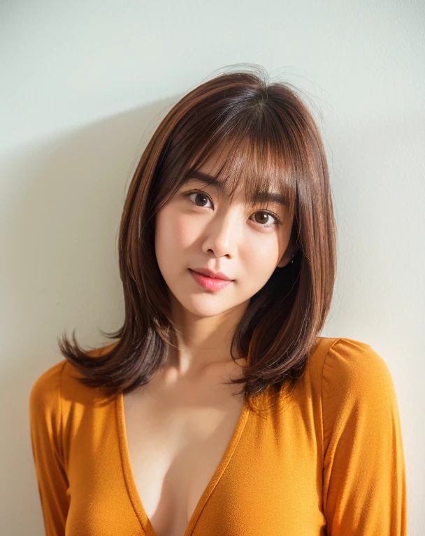 Medium Hair、No bangs、blouse、In front of the white wall、high resolution