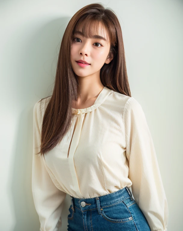 Medium Hair、No bangs、blouse、In front of the white wall、high resolution