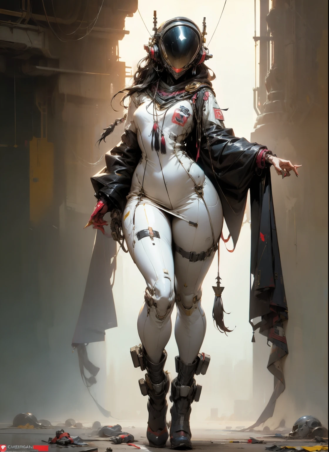 1 woman, perfect proportions, anatomically correct, (head to toe: 2.0), (full body image: 2.0), solo, (Casshern: 1.6), extremely stylized, deviant art, masterpiece, highly detailed, detailed eyes, expressive detailed eyes, detailed pupils, futuristic, ((1950s scifi helmet)), ((pointy helmet)), Rubber Gloss, (flightsuit:1.4), big boots, entire body image, full body shot, nvinkpunk, professional photograph of alexander_skarsgard, tassles, large beads, (large tassels), cyberpunk, inkpunk, paint platter, ink splatter, (3 point crouch action pose:1.0),