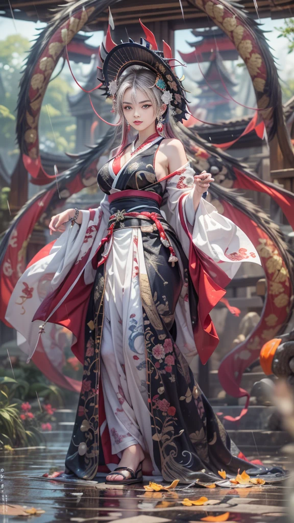 (Mysterious:1.3, 16k, highest quality, masterpiece, Ultra-high resolution), ((rain, From below)), Perfect dynamic composition:1.2, Highly detailed skin and facial textures:1.2, Professional camera work:1.1, Mysterious肖像画:1.1, Cinematic Light:1.1, Ultra-detailed, (Fantastic, tradition, Majestic), rainに濡れたスリムな女神, Incredibly slim body, Fair skin, Sexy beauty, Very beautiful face, Totally captivates you, (Ride the Dragon:1.0, Japanese Shrine Maiden Costume:1.0), (Shapely breasts, Chest gap), (Cowboy Shot, Calm pose), (Big eyes that exude beautiful eroticism, Lips that exude beautiful eroticism), necklace, Earrings, bracelet, Great background