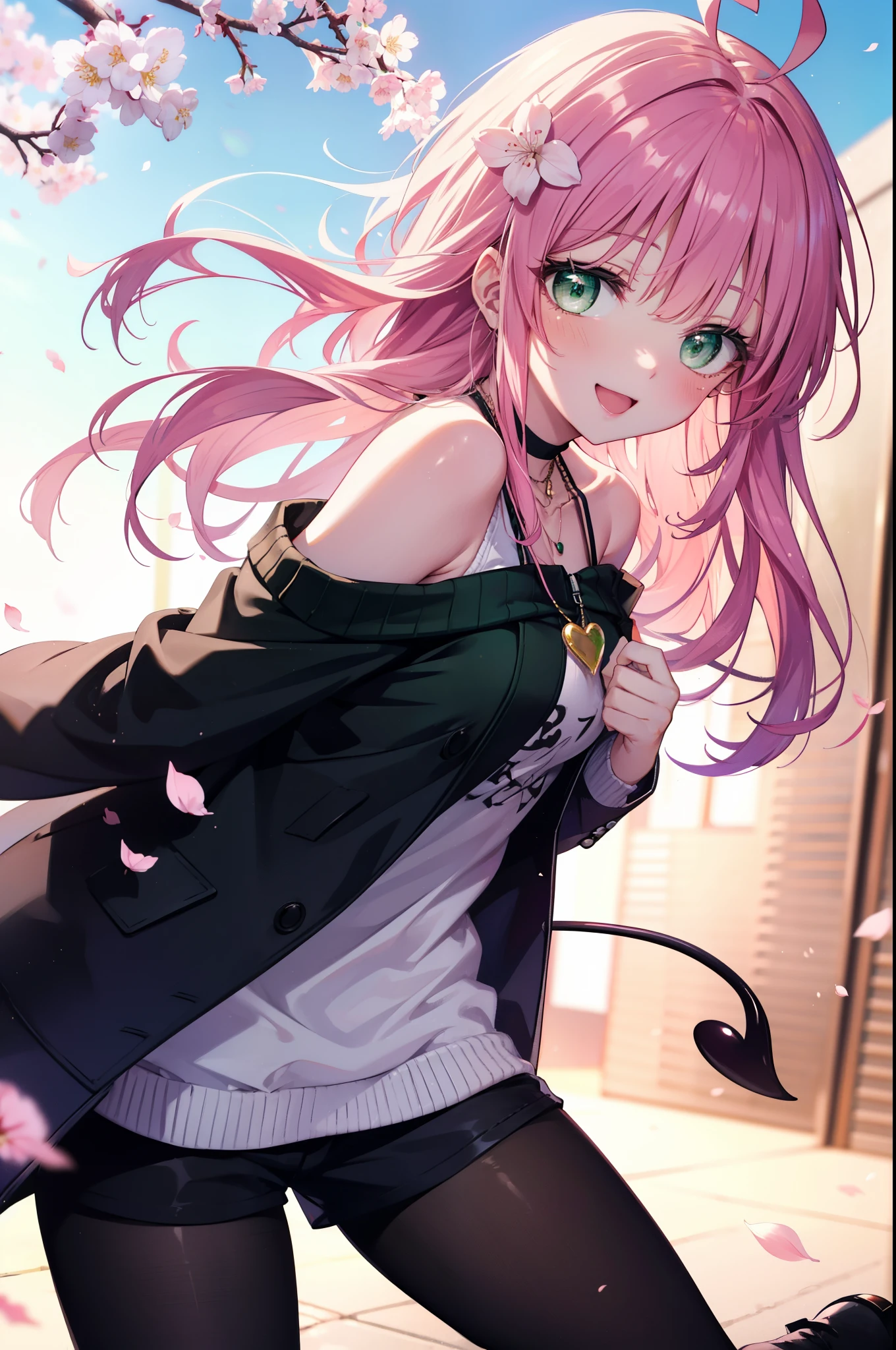 Lara Deviluke, Lara Deviluke, Long Hair, Pink Hair, tail, Ahoge, bangs, hair ornaments, (Green Eyes:1.5), happy smile, smile, Open your mouth,demon tail,Off-the-shoulder sweater,Exposing shoulders,bare clavicle,Bare neck,Heart Pendant,Shorts,Black Pantyhose,short boots,Cherry blossoms are blooming,Cherry blossoms are scattered,Cherry blossom tree-lined path,Daytime,Clear skies,
break outdoors, city,ビル街
break looking at viewer, (Cowboy Shot:1. 5)
break (masterpiece:1.2), highest quality, High resolution, unity 8k w全てpaper, (shape:0.8), (beautiful detailed eyes:1.6), extremely detailed face, Perfect lighting, extremely detailed CG, (Perfect hands, Perfect Anatomy),