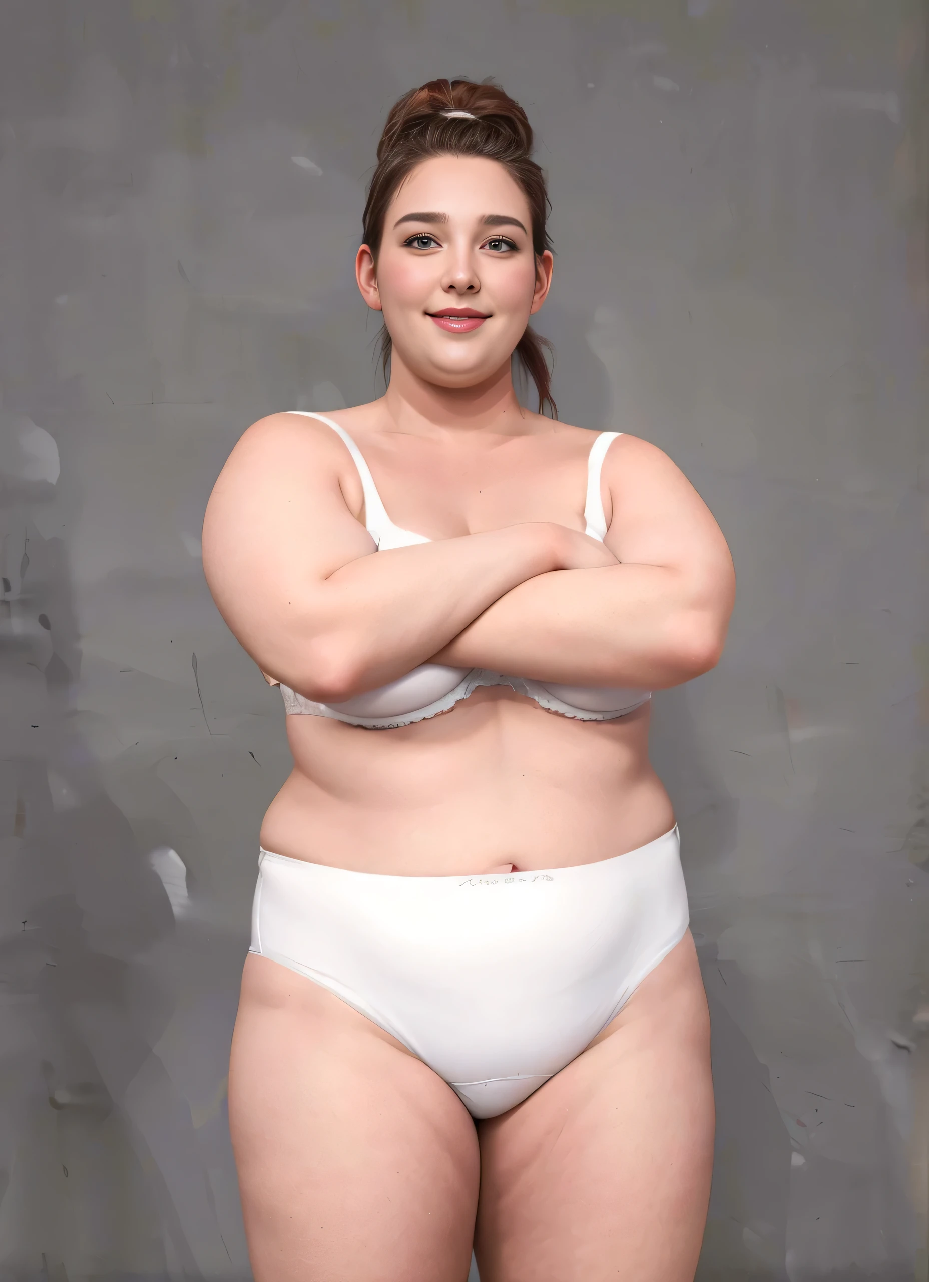 ((masterpiece, best quality)), ((((perfect anatomy)))), ((30 year-old)) (((Plus-sized))) German woman with brown ponytail hair, (in white bra), (((White high cut panties))), standing in front of grey screen, dark eye shadow, (Smiling), ((photo realistic))