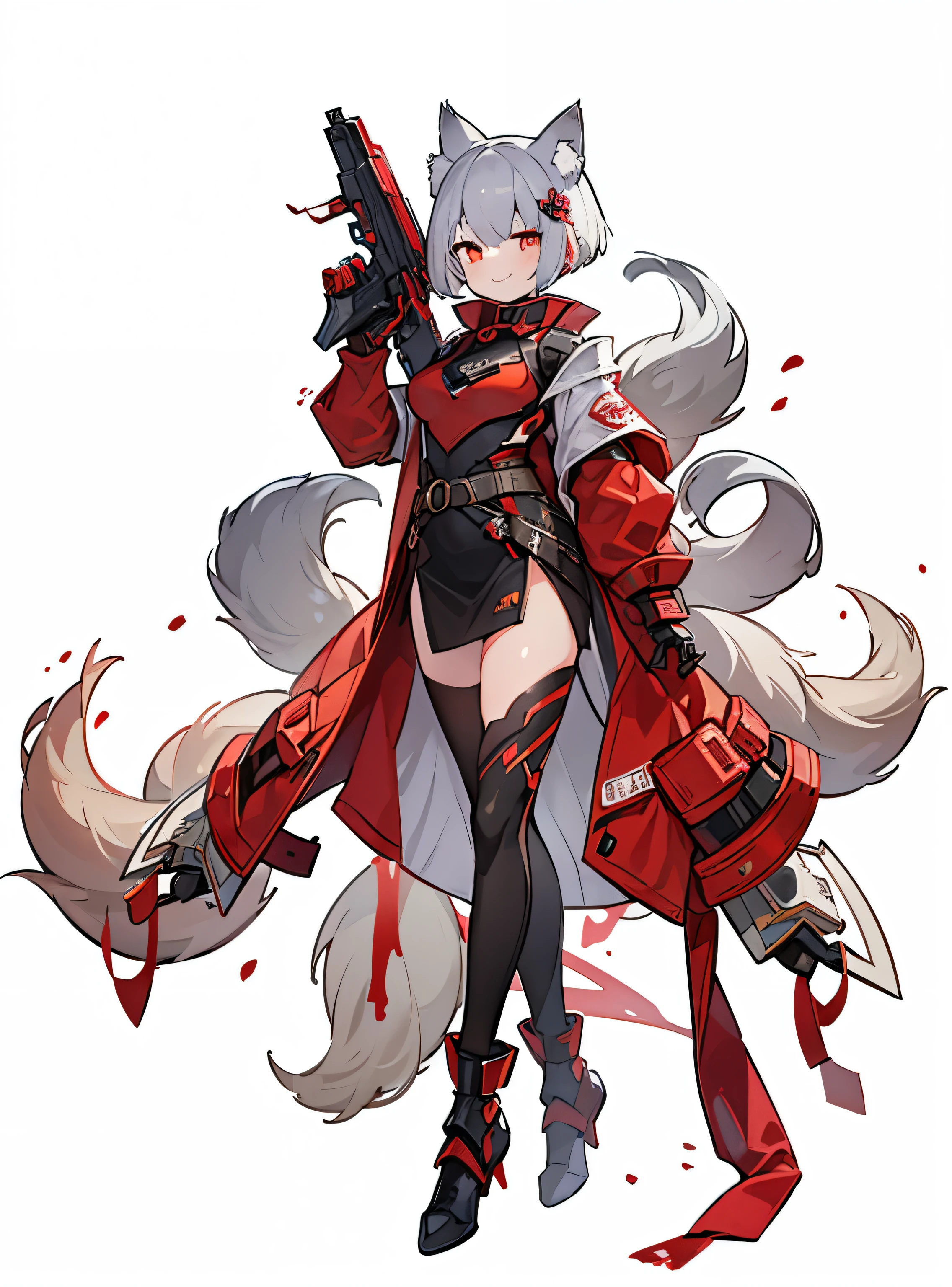 ((1 girl)),Solitary,short hair,Wolf ears, ,Smiling face,charming,Blood,(Transparent Background),(Red and white full body mechanical armor),cheongsam,Red jacket,Nine fox tails,black boots, black,hands up ,Shadow Effect, Anatomically correct,pounce