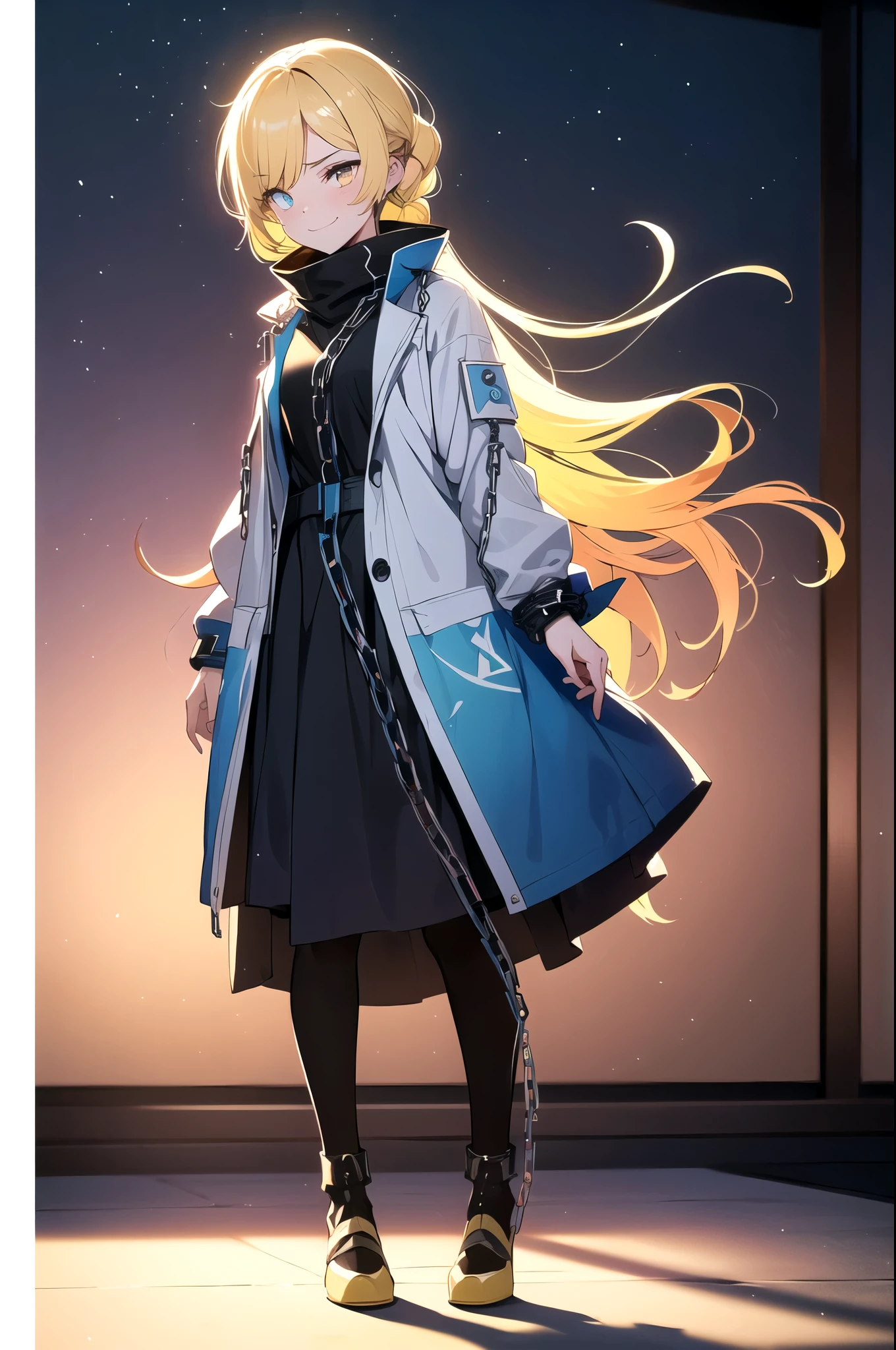 (blonde hair, long hair, sidelocks), (eyes with a mix of yellow and blue irises:1.5), two-tone eyes, multicolored eyes gradient eyes, white and blue jacket with constellation prints, (best quality,4k,8k,highres,masterpiece:1.2), ultra-detailed, portraits, (HDR:1.1), (vivid colors:1.1), (studio lighting), (bokeh), (highly saturated colors), (soft lighting), (detailed background), (subtle shadows), (ethereal glow), (pastel color palette), (delicate details), (sublime beauty), (feminine charm), (crisp focus), (fine brushwork), (impeccable craftsmanship), (emotional depth), (captivating storytelling), (intriguing narrative), (impressive realism), (exceptional artistry), (masterpiece-worthy), (awe-inspiring), blonde hair, very long hair, sidelocks, (eyes with a mix of yellow and blue irises:1.5), (two-tone eyes:1.5), (multicolored irises:1.5), multicolored eyes (gradient eyes:1.5), white and blue jacket with constellation prints, metallic skirt, (smug:1.5), (smirk), naughty face, mischievous, futuristic clothing, science fiction setting, high-tech, glowing eyes, (unicursal hexagram-shaped irises), (full body:1.5), (plasma blade:1.5), (chains:1.5)