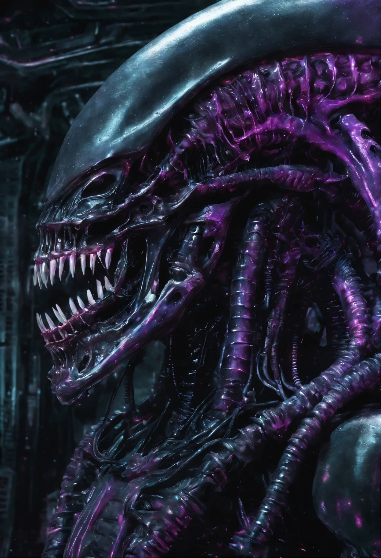 Create a fascinating digital oil painting that transports the viewer to a parallel universe dominated by a macabre xenomorphic creature. The backdrop consists of abandoned spaceship remains and alien ruins., everything wrapped in a dense cosmic fog. The predominant colors are jet black and purple, complemented with flashes of plasma energy and luminous traces from mysterious astral phenomena. Ten en cuenta cada minucioso detalle del xenomorfo, From their chitinous armor to their ferocious jaws, highlighting individual areas through reflective highlights and subtle shading. Remember to include characteristic features of Giger's architecture and other recognizable elements of famous works, merging it all into a single masterful piece.