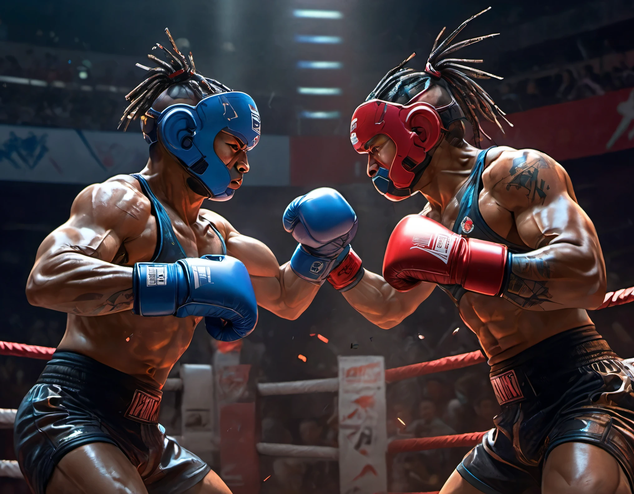 Cyberpunk，Sense of Power，Anatomically correct，Boxing Match，close-up，2players boxing，Sense of speed，Punch，hit，Interweaving of light and shadow