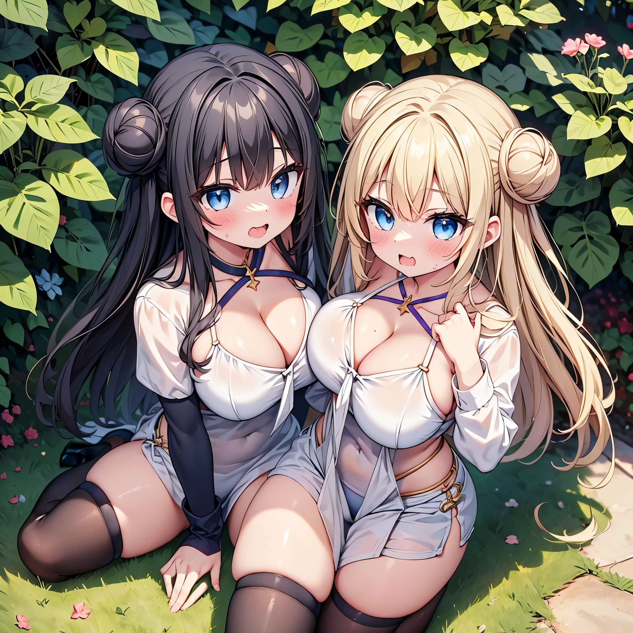 highest quality,wonderful,finely,extremely detailed CG Unity 8K wallpaper, (Stand in line:1.2), (3 girls, cute eyes, Black Hair, Blue Eyes, double bun, clothed), (sparkling eyes:1.2), (huge breasts:1.2), (wariza:1.4), (cleavage), (open mouth:1.1), (long tongue:1.1), (mouth drool:1.1), (black stockings:1.1),(Thighs:1.2),(Waistline:1.1),(Waistline), (From above:1.4)