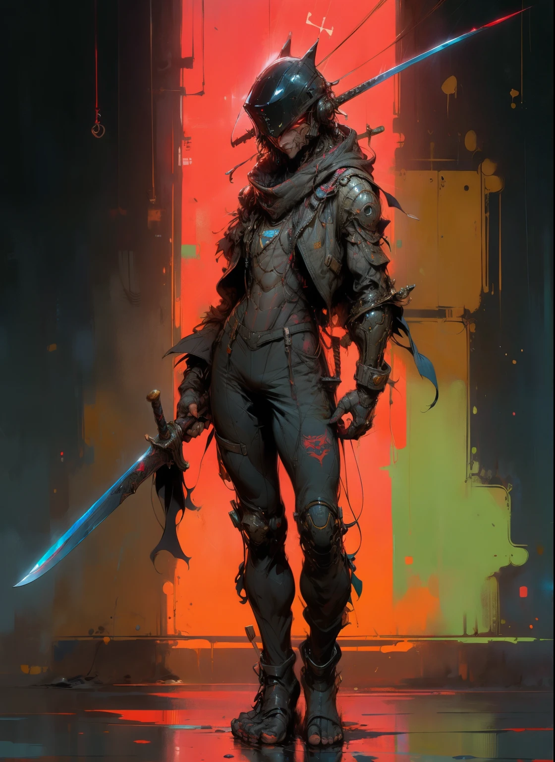 perfect proportions, anatomically correct, (head to toe: 2.0), (full body image: 2.0), solo, (Casshern: 1.6), extremely stylized, deviant art, masterpiece, highly detailed, detailed eyes, expressive detailed eyes, detailed pupils, futuristic, ((1950s scifi helmet)), ((pointy helmet)), Rubber Gloss, (flightsuit:1.4), big boots, entire body image, full body shot, nvinkpunk, professional photograph of alexander_skarsgard, tassles, large beads, (large tassels), cyberpunk, inkpunk, paint platter, ink splatter, (action pose:1.0), ((holding a sword))