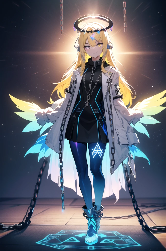(blonde hair, long hair, sidelocks), (eyes with a mix of yellow and blue irises:1.5), two-tone eyes, multicolored eyes gradient eyes, white and blue jacket with constellation prints, (best quality,4k,8k,highres,masterpiece:1.2), ultra-detailed, portraits, (HDR:1.1), (vivid colors:1.1), (studio lighting), (bokeh), (highly saturated colors), (soft lighting), (detailed background), (subtle shadows), (ethereal glow), (pastel color palette), (delicate details), (sublime beauty), (feminine charm), (crisp focus), (fine brushwork), (impeccable craftsmanship), (emotional depth), (captivating storytelling), (intriguing narrative), (impressive realism), (exceptional artistry), (masterpiece-worthy), (awe-inspiring), blonde hair, very long hair, sidelocks, (eyes with a mix of yellow and blue irises:1.5), (two-tone eyes:1.5), (multicolored irises:1.5), multicolored eyes (gradient eyes:1.5), white and blue jacket with constellation prints, metallic skirt, (smug:1.5), (smirk), naughty face, mischievous, futuristic clothing, science fiction setting, high-tech, glowing eyes, (unicursal hexagram-shaped irises), (full body:1.5), (plasma wings:1.5), (chains:1.5), (holographic halo:1.5), (unicursal hexagram halo:1.5)