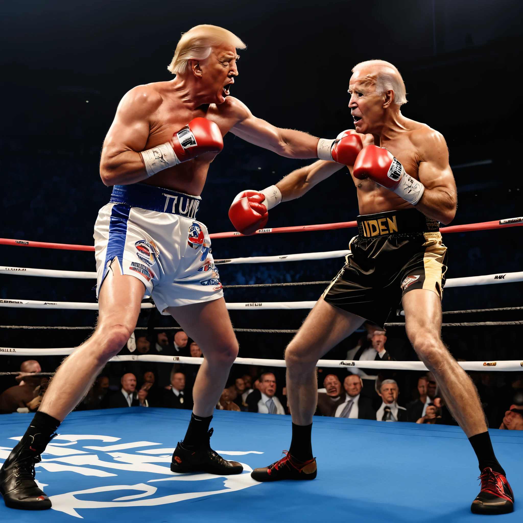 Donald Trump (old but in shape), Joe Biden (spindly, sickly, poopy diapers), boxing match, boxing outfits, intense stare-down, roaring crowd, grand stage, referee in the ring, championship belt, sweat dripping, muscles defined, speed and agility, explosive punches, precision footwork, dramatic lighting, dynamic camera angles, split-second reactions, knockout punches, ringside commentators, anticipation in the air, adrenaline pumping, historic showdown, legacy on the line, epic clash, intense rivalry, determination etched on their faces, resilience and strength, electrifying atmosphere, crowd chanting, triumphant celebration, iconic moment, timeless battle, history in the making, polarizing figures, contrasting personalities, power and ambition, strategic maneuvers, skilled fighters, fierce competition, global audience, legendary status, ultimate test of skill and willpower,
(best quality,4k,8k,highres,masterpiece:1.2),ultra-detailed, (realistic,photorealistic,photo-realistic:1.37),
boxing painting, vivid colors, dramatic shadows, crisp details, vibrant energy, larger-than-life portrayal, iconic duo,
rising tensions, clash of ideologies, symbolic significance.