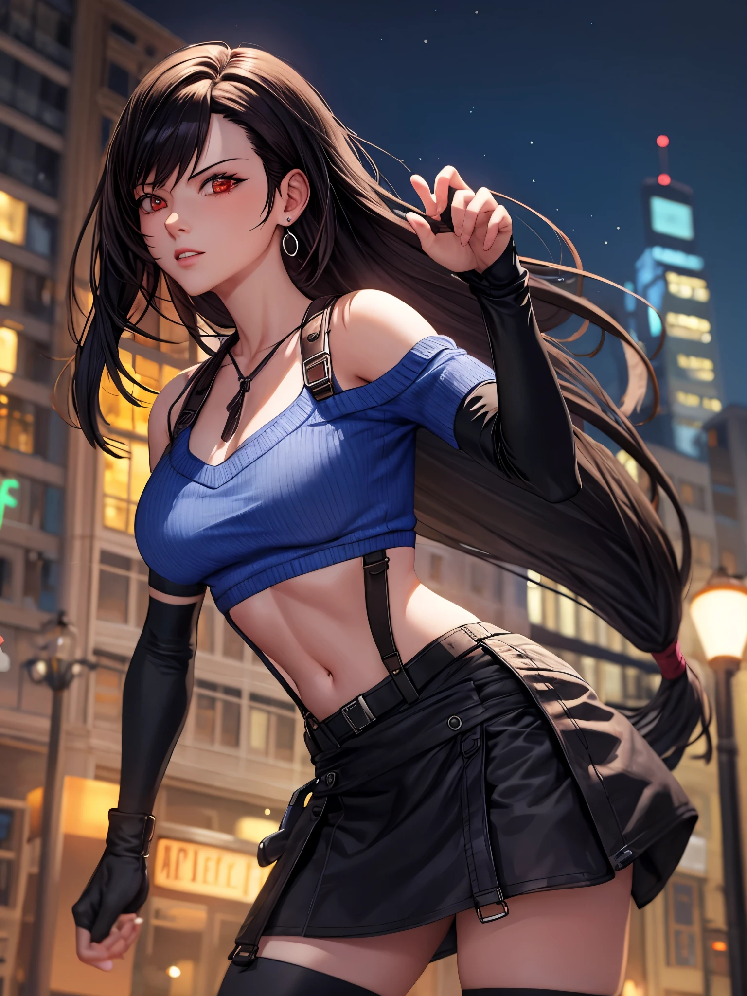 perfect eyes:1.2, detailed eyes:1.4, metTifa, closed mouth, fight pose, angry, red eyes, low-tied long hair, earrings, cropped sweater, blue sweater, off-shoulder, short sleeves, suspender skirt, elbow gloves, armored legwear, night, city, cowboy shot, 1girl, solo, (masterpiece:1.6, best quality),