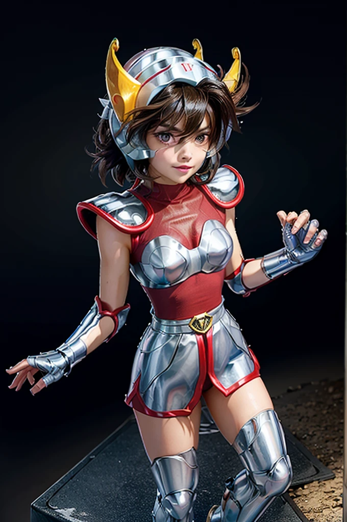 beautiful detail, best quality, 8k, highly detailed face and skin texture, high resolution, cute asian short hair girl in red short sleeve and silver armor, wearing horse head helmet standing at greek ancient ruin, full body, sharp focus