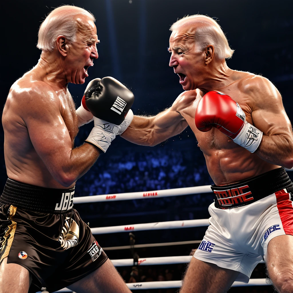 Donald Trump (old but in shape), Joe Biden (spindly, sickly, poopy diapers), boxing match, boxing outfits, intense stare-down, roaring crowd, grand stage, referee in the ring, championship belt, sweat dripping, muscles defined, speed and agility, explosive punches, precision footwork, dramatic lighting, dynamic camera angles, split-second reactions, knockout punches, ringside commentators, anticipation in the air, adrenaline pumping, historic showdown, legacy on the line, epic clash, intense rivalry, determination etched on their faces, resilience and strength, electrifying atmosphere, crowd chanting, triumphant celebration, iconic moment, timeless battle, history in the making, polarizing figures, contrasting personalities, power and ambition, strategic maneuvers, skilled fighters, fierce competition, global audience, legendary status, ultimate test of skill and willpower, (best quality,4k,8k,highres,masterpiece:1.2),ultra-detailed, (realistic,photorealistic,photo-realistic:1.37), boxing painting, vivid colors, dramatic shadows, crisp details, vibrant energy, larger-than-life portrayal, iconic duo, rising tensions, clash of ideologies, symbolic significance.