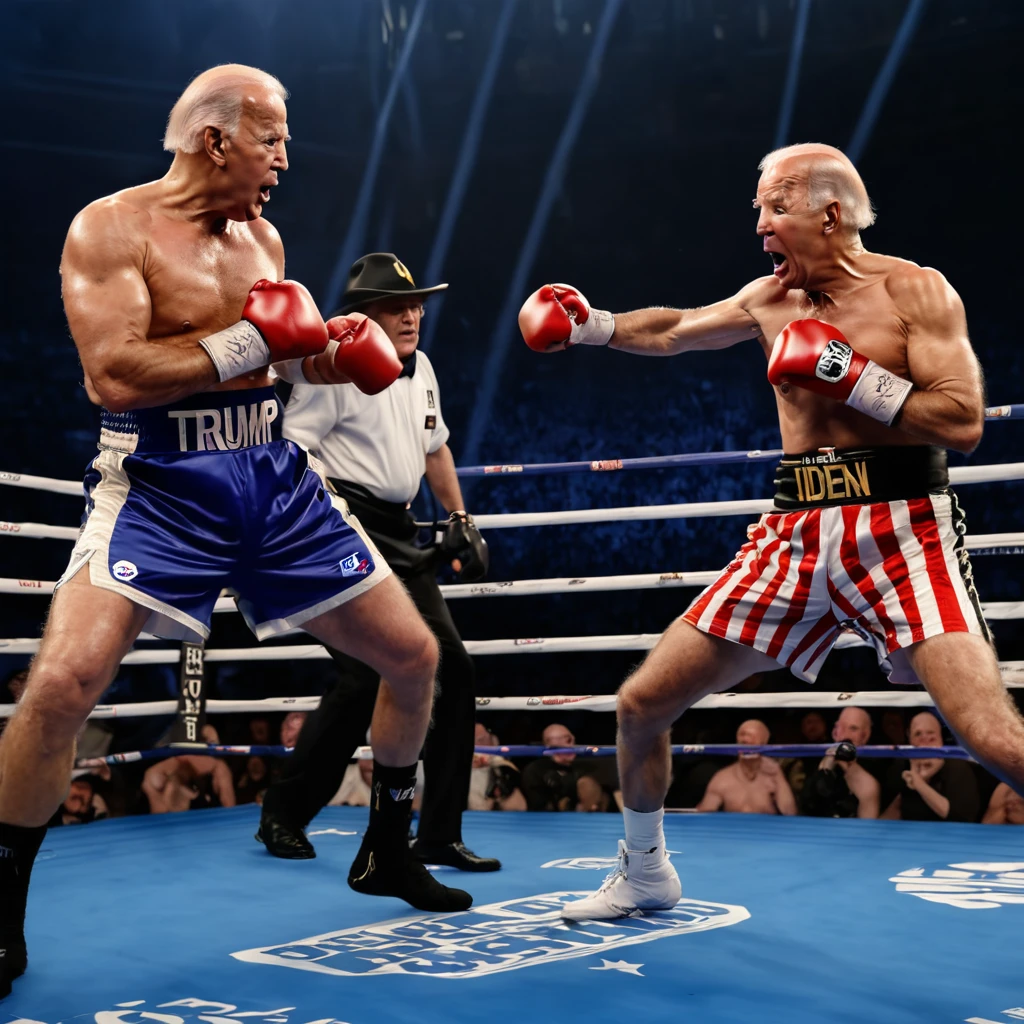 Donald Trump (old but in shape), Joe Biden (spindly, sickly, poopy diapers), boxing match, boxing outfits, intense stare-down, roaring crowd, grand stage, referee in the ring, championship belt, sweat dripping, muscles defined, speed and agility, explosive punches, precision footwork, dramatic lighting, dynamic camera angles, split-second reactions, knockout punches, ringside commentators, anticipation in the air, adrenaline pumping, historic showdown, legacy on the line, epic clash, intense rivalry, determination etched on their faces, resilience and strength, electrifying atmosphere, crowd chanting, triumphant celebration, iconic moment, timeless battle, history in the making, polarizing figures, contrasting personalities, power and ambition, strategic maneuvers, skilled fighters, fierce competition, global audience, legendary status, ultimate test of skill and willpower, (best quality,4k,8k,highres,masterpiece:1.2),ultra-detailed, (realistic,photorealistic,photo-realistic:1.37), boxing painting, vivid colors, dramatic shadows, crisp details, vibrant energy, larger-than-life portrayal, iconic duo, rising tensions, clash of ideologies, symbolic significance.