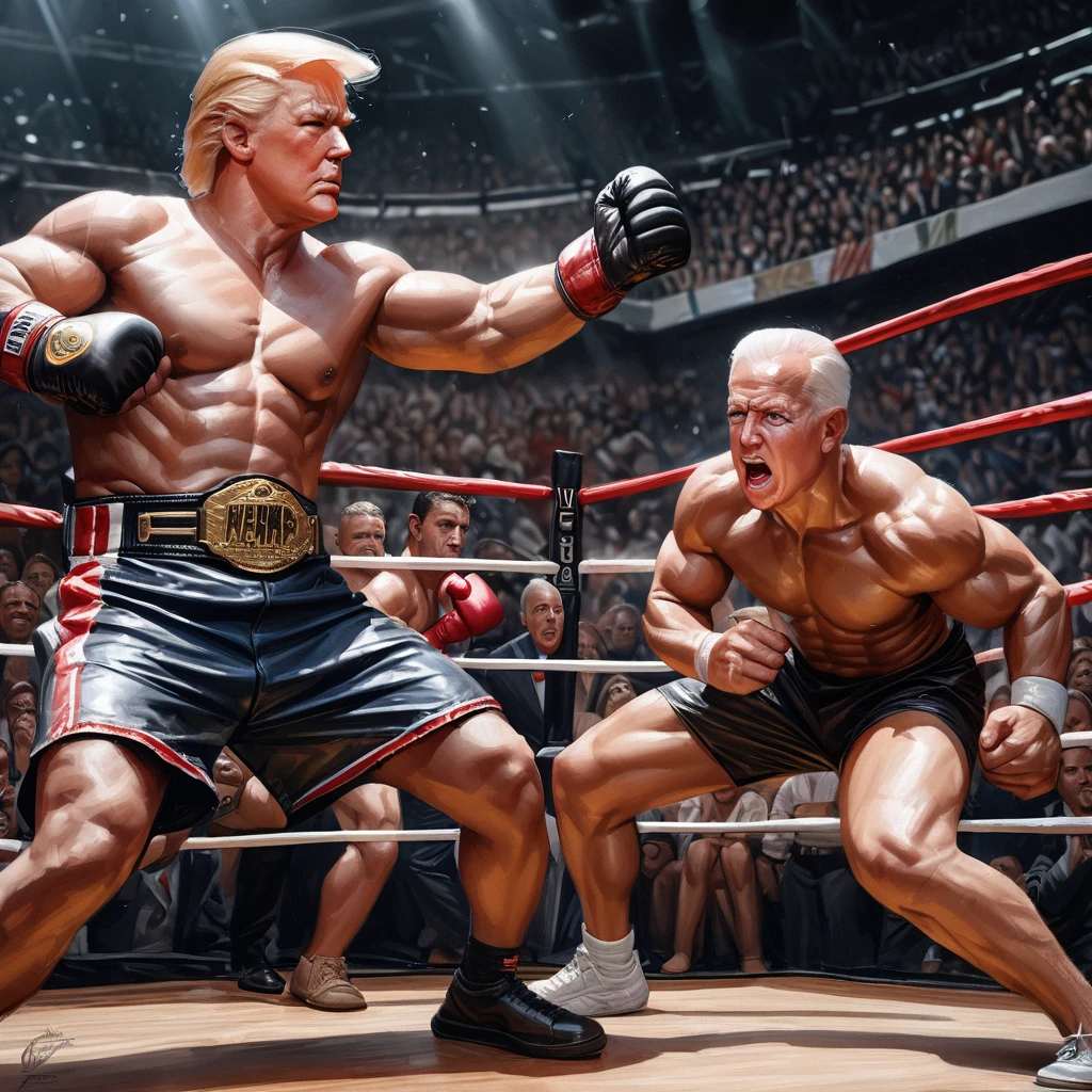 Donald Trump (old but in shape), Joe Biden (spindly, sickly, poopy diapers), boxing match, boxing outfits, intense stare-down, roaring crowd, grand stage, referee in the ring, championship belt, sweat dripping, muscles defined, speed and agility, explosive punches, precision footwork, dramatic lighting, dynamic camera angles, split-second reactions, knockout punches, ringside commentators, anticipation in the air, adrenaline pumping, historic showdown, legacy on the line, epic clash, intense rivalry, determination etched on their faces, resilience and strength, electrifying atmosphere, crowd chanting, triumphant celebration, iconic moment, timeless battle, history in the making, polarizing figures, contrasting personalities, power and ambition, strategic maneuvers, skilled fighters, fierce competition, global audience, legendary status, ultimate test of skill and willpower, (best quality,4k,8k,highres,masterpiece:1.2),ultra-detailed, (realistic,photorealistic,photo-realistic:1.37), boxing painting, vivid colors, dramatic shadows, crisp details, vibrant energy, larger-than-life portrayal, iconic duo, rising tensions, clash of ideologies, symbolic significance.