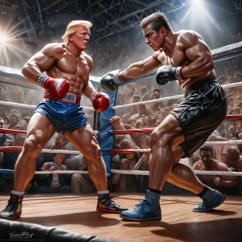 Donald Trump (old but in shape), Joe Biden (spindly, sickly, poopy diapers), boxing match, boxing outfits, intense stare-down, roaring crowd, grand stage, referee in the ring, championship belt, sweat dripping, muscles defined, speed and agility, explosive punches, precision footwork, dramatic lighting, dynamic camera angles, split-second reactions, knockout punches, ringside commentators, anticipation in the air, adrenaline pumping, historic showdown, legacy on the line, epic clash, intense rivalry, determination etched on their faces, resilience and strength, electrifying atmosphere, crowd chanting, triumphant celebration, iconic moment, timeless battle, history in the making, polarizing figures, contrasting personalities, power and ambition, strategic maneuvers, skilled fighters, fierce competition, global audience, legendary status, ultimate test of skill and willpower, (best quality,4k,8k,highres,masterpiece:1.2),ultra-detailed, (realistic,photorealistic,photo-realistic:1.37), boxing painting, vivid colors, dramatic shadows, crisp details, vibrant energy, larger-than-life portrayal, iconic duo, rising tensions, clash of ideologies, symbolic significance.
