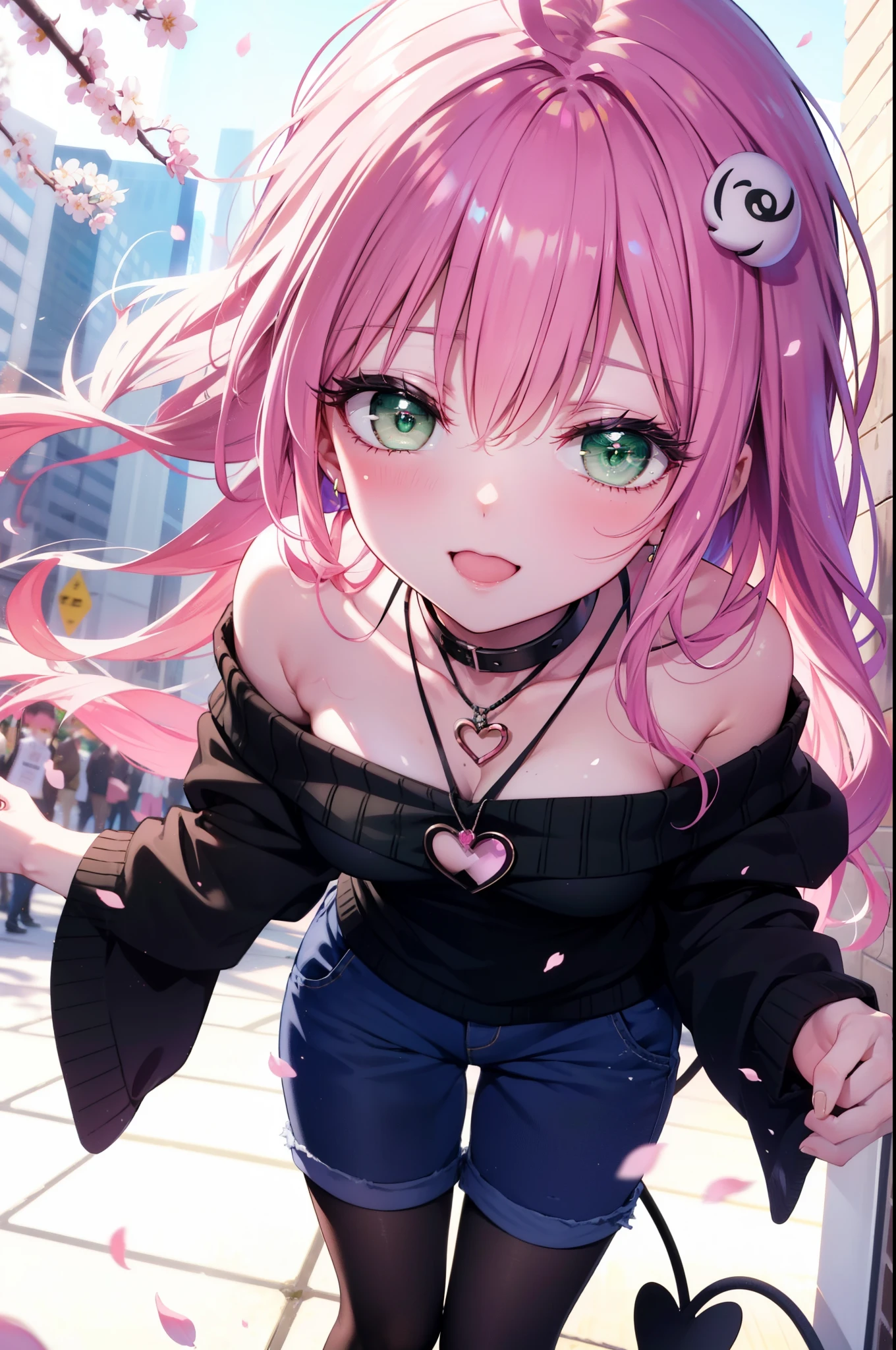 Lara Deviluke, Lara Deviluke, Long Hair, Pink Hair, tail, Ahoge, bangs, hair ornaments, (Green Eyes:1.5), happy smile, smile, Open your mouth,demon tail,Off-the-shoulder sweater,Exposing shoulders,bare clavicle,Bare neck,Heart Pendant,Shorts,Black Pantyhose,short boots,Cherry blossoms are blooming,Cherry blossoms are scattered,Cherry blossom tree-lined path,Daytime,Clear skies,
break outdoors, city,ビル街
break looking at viewer, (Cowboy Shot:1. 5)
break (masterpiece:1.2), highest quality, High resolution, unity 8k w全てpaper, (shape:0.8), (beautiful detailed eyes:1.6), extremely detailed face, Perfect lighting, extremely detailed CG, (Perfect hands, Perfect Anatomy),