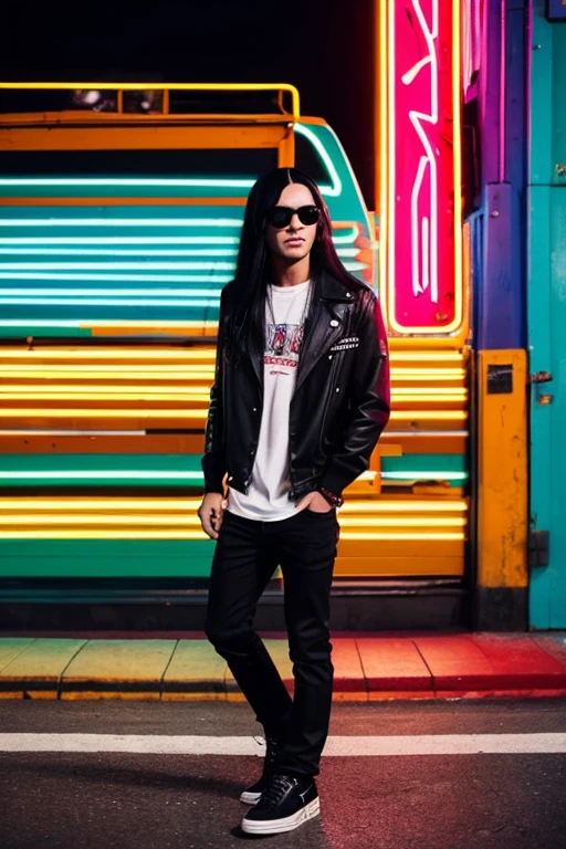 (a young man with long black hair dressed in 80s clothing, standing on the street),illustration,energetic pose, vibrant colors,sharp focus,urban landscape,graffiti, neon lights,cityscape, retro style,hustle and bustle,night scene,contrast lighting,glowing signs,highres,[expressive clothing],expressive face,artistic atmosphere,street photography,stylish sunglasses, dynamic composition,urban fashion,crowded sidewalks,vintage cars,upbeat vibes.