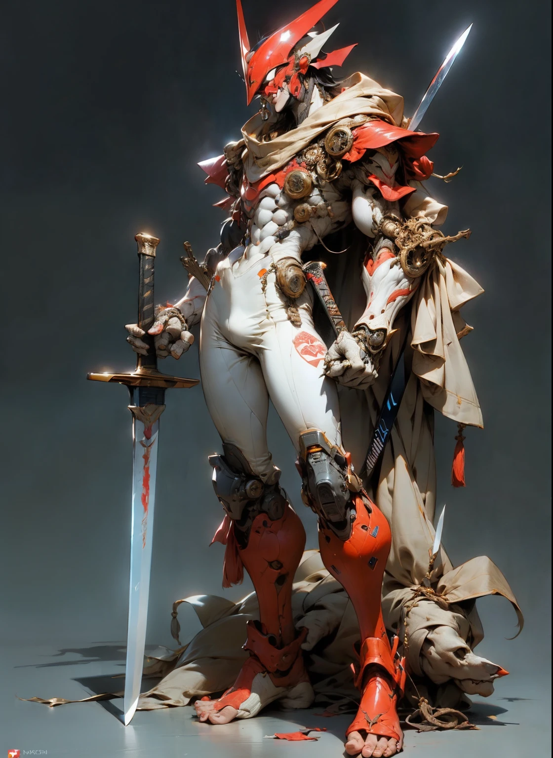 perfect proportions, anatomically correct, (head to toe: 2.0), (full body image: 2.0), solo, (Casshern: 1.6), extremely stylized, deviant art, masterpiece, highly detailed, detailed eyes, expressive detailed eyes, detailed pupils, futuristic, ((1950s scifi helmet)), ((pointy helmet)), Rubber Gloss, (flightsuit:1.4), big boots, entire body image, full body shot, nvinkpunk, professional photograph of alexander_skarsgard, tassles, large beads, (large tassels), navy blue and white, cyberpunk, inkpunk, paint platter, ink splatter, (action pose:1.0), ((holding a sword))