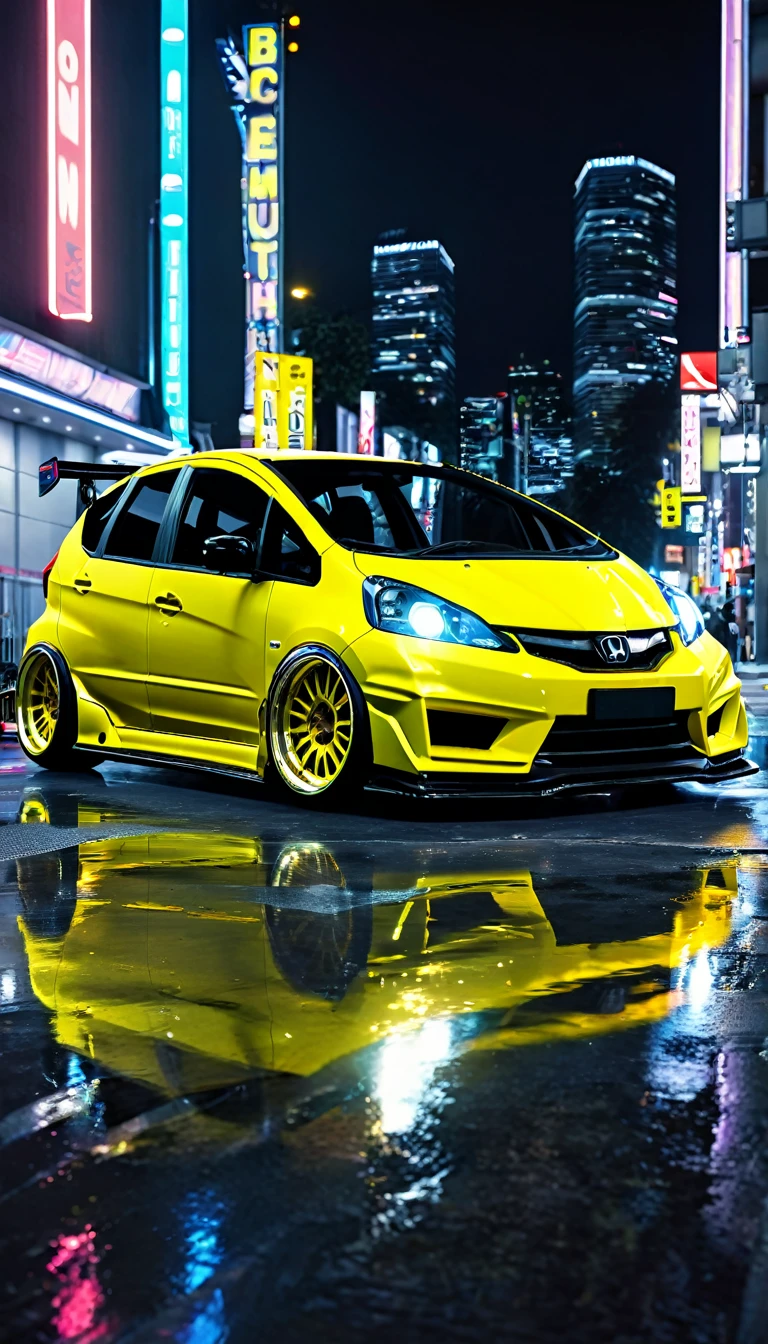 retrowave. honda jazz rwb, large wheels, slammed, wide body kit, yelow neon monitor light, city (4k,Masterpiece, extreme detail, A high resolution,photorealistic,automotive photography, professional) 