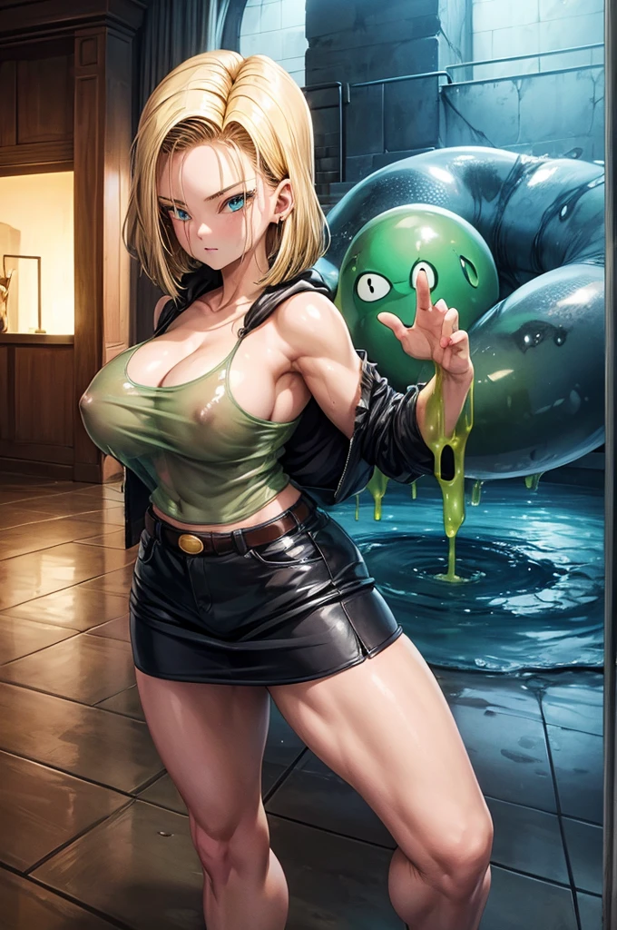 Browsing Caution, highest quality, Best image quality, masterpiece, Very detailed, shape, Android 18,Pool, Slime nest, Slime (substance), Imprisonment, Inhibition, bondage, big Slime, Tentacles, Transparent body, Grabbing her breasts,Wearing a see-through shirt, See-through hoodie, ((Oily skin)), Wet sheer shirt, The button is off,(Huge breasts), Cleavage , Perfect outfit,Browsing Caution