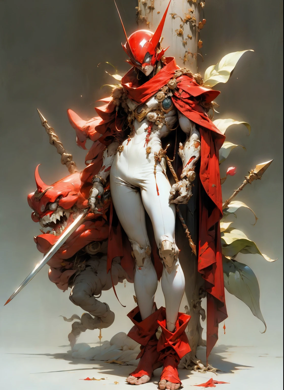 perfect proportions, anatomically correct, (head to toe: 2.0), (full body image: 2.0), solo, (Casshern: 1.6), extremely stylized, deviant art, masterpiece, highly detailed, detailed eyes, expressive detailed eyes, detailed pupils, futuristic, ((1950s scifi helmet)), ((pointy helmet)), Rubber Gloss, (red flightsuit:1.4), white boots, entire body image, full body shot, nvinkpunk, professional photograph of alexander_skarsgard, tassles, large beads, large tassels, navy blue and white, cyberpunk, inkpunk, paint platter, ink splatter, (action pose:1.0), ((holding a two pronged spear))