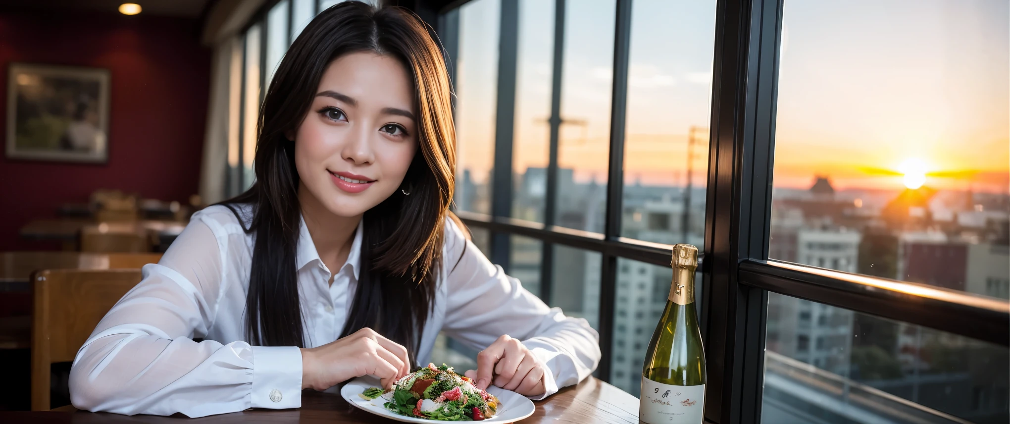 ((highest quality、8k、masterpiece:1.3))、Sharp focus:1.2、Beautiful woman perfect body:1.4、slimなボディ、((Bob Hale、Straight hair:1.2))、(to be born, highest quality, masterpiece:1.5), (Realistic, Intricate details:1.2), Ultra-high resolution, Shine light on your face、Amazing view of the sunset sky and clouds、Amazing mountain views、ニコニコ明るいsmile、wine glass、red wine 、Appetizers、Italian food、Wine bottle、Champagne、sparkling wine、, Beautiful Face, blue eyes, The light shines on your face, Blushing, short hair,Bright Face、Fox face、 (42 years old), 39 years old, Lady、Two beauties、Brown Hair、Shortcuts、Long sleeve shirt、dress、Pretty Woman 1, (slimな顔), (The body is slim), (Brown Hair), (Shortcuts), cheeks turn a little red,Attractive beauty、, Out of the window, A beautiful and detailed night view unfolds.........., restaurant, In a prominent place (From the waist up) Nova Frog Style, actress, model, Upper Body, White wine, slim, wine glass, 真ん中に置かれたwine glass, smile, (smile: 1.15), Beautiful fine grain, Depth f/2,saturation, High Contrast, Strong light and shadow,Moist Body:1.5、3D texture、Delicate eyes、Brown Hair、The hair is very shiny、