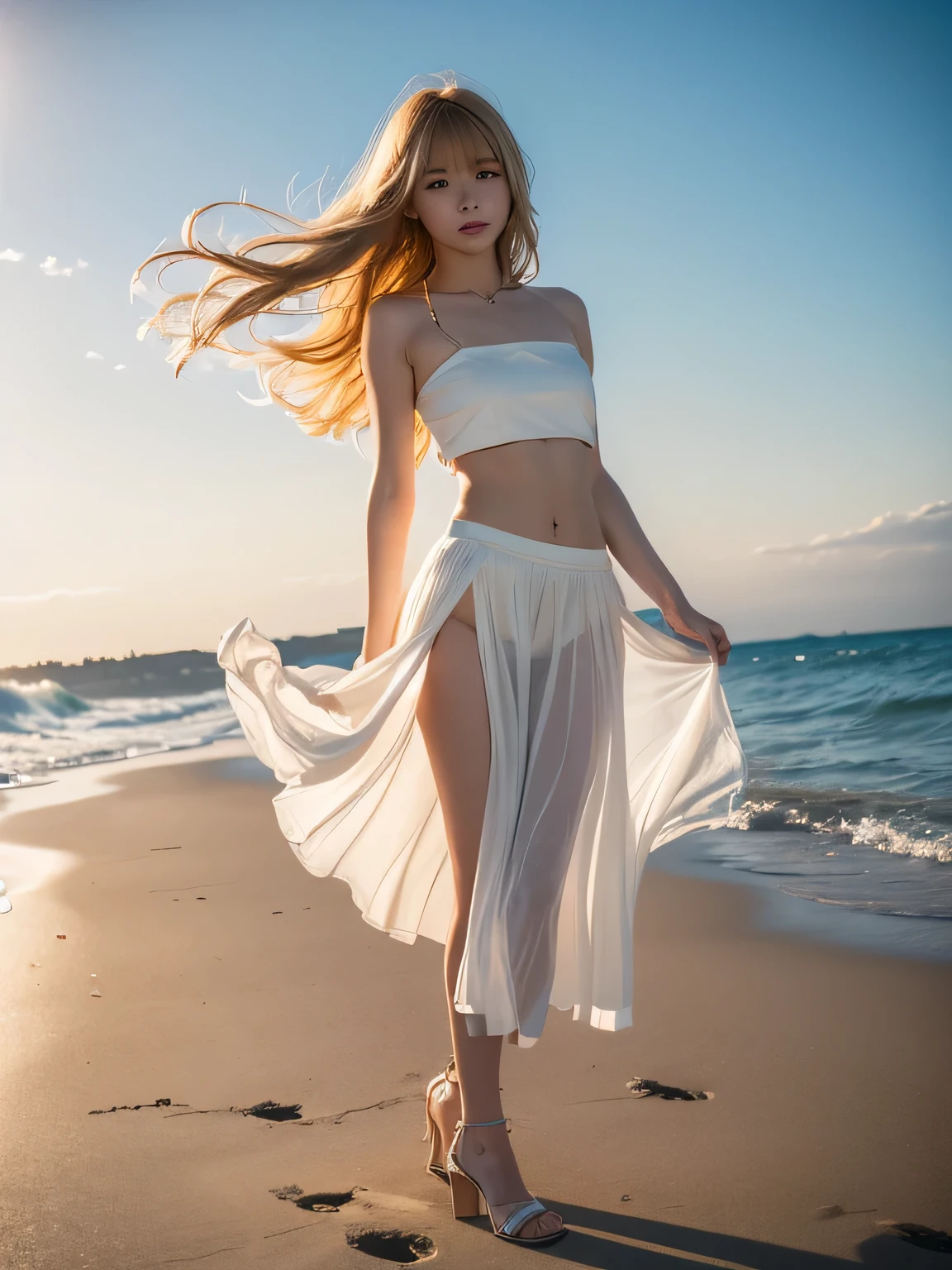 8K, Photographic images, masterpiece, 最high quality, Super-resolution,Low angle image,  Beauty with golden curly hair, ((BlondeBeauty)), With bangs, Impossibly cute face, And slim, Small breasts, high quality, T Masterpiece, Exquisite Function,  Delicate eye, delicate golden hair, 8K quality, Pale light and shadow, Dindal effect, disheveled golden hair, With bangs,(logo、masterpiece、8k、Tabletop、RAW Photos、wonderful、最high quality、Photorealistic and very detailed CG synthesis 8k wallpaper、high quality、Very detailed、Narrative poem、Particle Effects、Dynamic Effects、Written boundary depth、Cinematic Light、Lens flare、Ray Tracing)、Fantasy、Full body images、 (One beautiful woman、Strong Wind、The skirt flips up in the wind、T-Shirts、Light skirt、The body lines are perfectly visible、Tube top、Crop top、High heels、Blonde、Beautiful Face、True Face、Beautiful details、eye、Beautiful Skin、Ultimate Body、glamorouy skirt flutters in the wind、Hair flutters in Wind、Hair bounces、Seaside、Wonderful views、Coastal、sunrise、Sun in the background、Wind、Beach