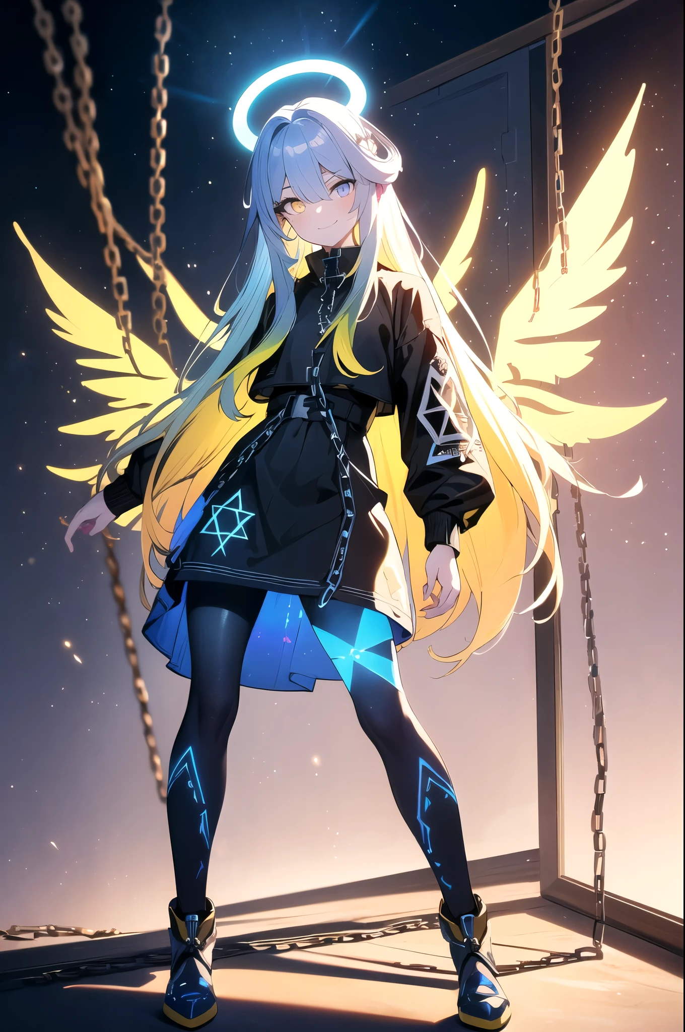 (blonde hair, long hair, sidelocks), (eyes with a mix of yellow and blue irises:1.5), two-tone eyes, multicolored eyes gradient eyes, white and blue jacket with constellation prints, (best quality,4k,8k,highres,masterpiece:1.2), ultra-detailed, portraits, (HDR:1.1), (vivid colors:1.1), (studio lighting), (bokeh), (highly saturated colors), (soft lighting), (detailed background), (subtle shadows), (ethereal glow), (pastel color palette), (delicate details), (sublime beauty), (feminine charm), (crisp focus), (fine brushwork), (impeccable craftsmanship), (emotional depth), (captivating storytelling), (intriguing narrative), (impressive realism), (exceptional artistry), (masterpiece-worthy), (awe-inspiring), blonde hair, very long hair, sidelocks, (eyes with a mix of yellow and blue irises:1.5), (two-tone eyes:1.5), (multicolored irises:1.5), multicolored eyes (gradient eyes:1.5), white and blue jacket with constellation prints, metallic skirt, (smug:1.5), (smirk), naughty face, mischievous, futuristic clothing, science fiction setting, high-tech, glowing eyes, (unicursal hexagram-shaped irises), (full body:1.5), (plasma wings:1.5), (chains:1.5), (holographic halo:1.5), (unicursal hexagram halo:1.5)