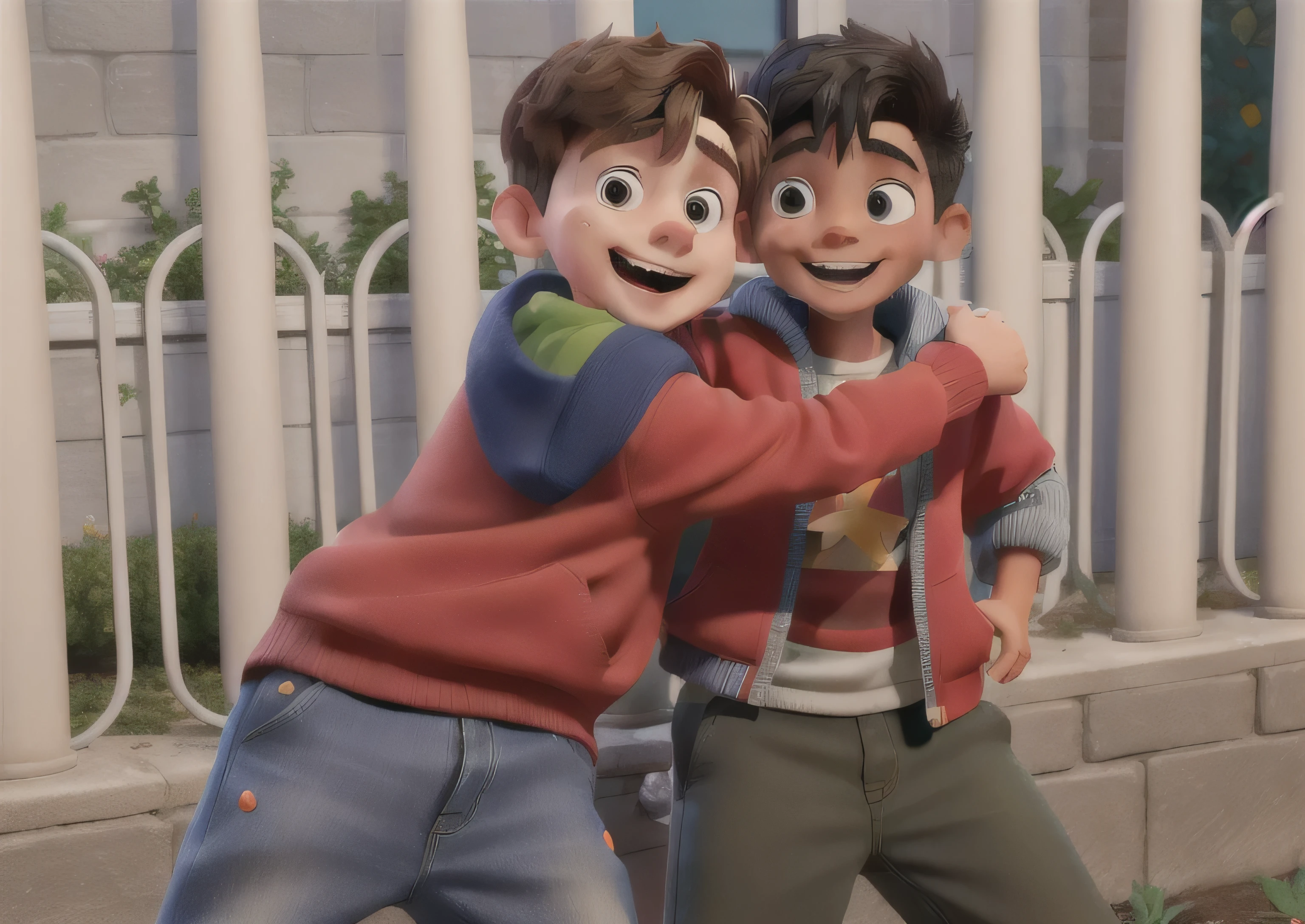 two young boys, around 8-10 years old, sharing a joyful embrace outdoors in a garden or courtyard setting. One wears a navy striped sweatshirt and jeans, the other a bright red jacket and khaki pants. Their big smiles convey happiness and close friendship. Include a white metal fence or gate behind them with some potted plants or greenery in the natural background setting. Use warm lighting, vibrant colors, and stylized yet realistic rendering to capture a nostalgic, carefree childhood moment with youthful exuberance and an uplifting spirit.