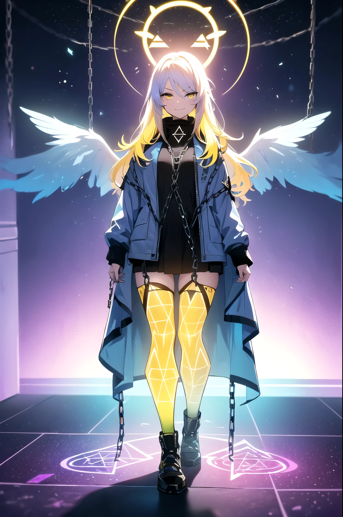 (blonde hair, long hair, sidelocks), (eyes with a mix of yellow and blue irises:1.5), two-tone eyes, multicolored eyes gradient eyes, white and blue jacket with constellation prints, (best quality,4k,8k,highres,masterpiece:1.2), ultra-detailed, portraits, (HDR:1.1), (vivid colors:1.1), (studio lighting), (bokeh), (highly saturated colors), (soft lighting), (detailed background), (subtle shadows), (ethereal glow), (pastel color palette), (delicate details), (sublime beauty), (feminine charm), (crisp focus), (fine brushwork), (impeccable craftsmanship), (emotional depth), (captivating storytelling), (intriguing narrative), (impressive realism), (exceptional artistry), (masterpiece-worthy), (awe-inspiring), blonde hair, very long hair, sidelocks, (eyes with a mix of yellow and blue irises:1.5), (two-tone eyes:1.5), (multicolored irises:1.5), multicolored eyes (gradient eyes:1.5), white and blue jacket with constellation prints, metallic skirt, (smug:1.5), (smirk), naughty face, mischievous, futuristic clothing, science fiction setting, high-tech, glowing eyes, (unicursal hexagram-shaped irises), (full body:1.5), (plasma wings:1.5), (chains:1.5), (holographic halo:1.5), (unicursal hexagram halo:1.5)