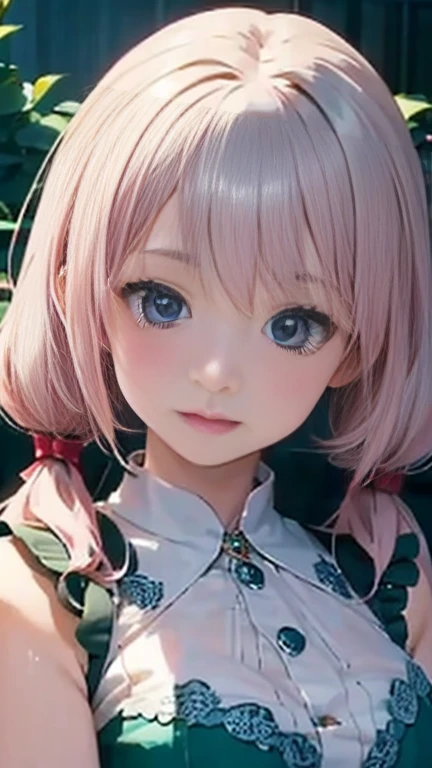 Anime girl with pink hair and a ribbon in her hair, Cute realistic portrait, 髪の毛はSilver、Gweitz, Magical Girl Portrait, Cute Characters, Cute art style, Anime Moe Art Style, MapleStory character art, cute portrait, Cute Anime Girl Portrait, Small person portrait, artwork in the style of Gweitz, Splash Art Anime ,((green、Lace blouse、See-through、See-throughのワンピースの水着、White ilver、Long twin tails、bird、Wind、