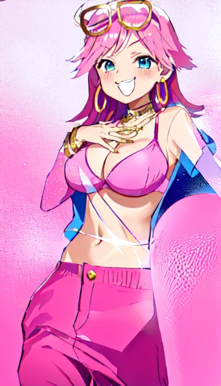 A smug narcissistic pink haired woman with big  wearing a pink bra and blue pants and lots of jewelry flaunting herself 