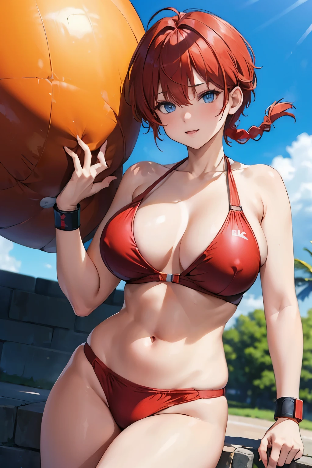 ((((masterpiece)))), high quality, very_high_resolution, large_filesize, full color, heavy outline, clear outline, colorful, (beautiful detailed eyes), (beautiful face:1.3), boyish face, 1 girl, (femaleranma), (red hair), short hair, (braided ponytail), ((bangs)), bumpy bangs, blue-gray eyes, big breasts, curvy, black-wristbands, school swimsuits,