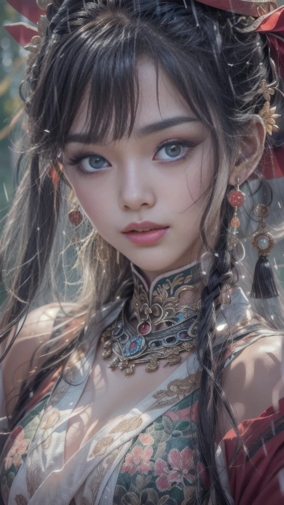 (Mysterious:1.3, 16k, highest quality, masterpiece, Ultra-high resolution), ((rain, From below)), Perfect dynamic composition:1.2, Highly detailed skin and facial textures:1.2, Professional camera work:1.1, Mysterious肖像画:1.1, Cinematic Light:1.1, Ultra-detailed, (Fantastic, tradition, Majestic), rainに濡れたスリムな女神, Incredibly slim body, Fair skin, Sexy beauty, Very beautiful face, Totally captivates you, (Big Dragon:1.0, Japanese Shrine Maiden Costume:1.0), (Shapely breasts, Chest gap), (Cowboy Shot, Calm pose), (Big eyes that exude beautiful eroticism, Lips that exude beautiful eroticism), necklace, Earrings, bracelet, Great background