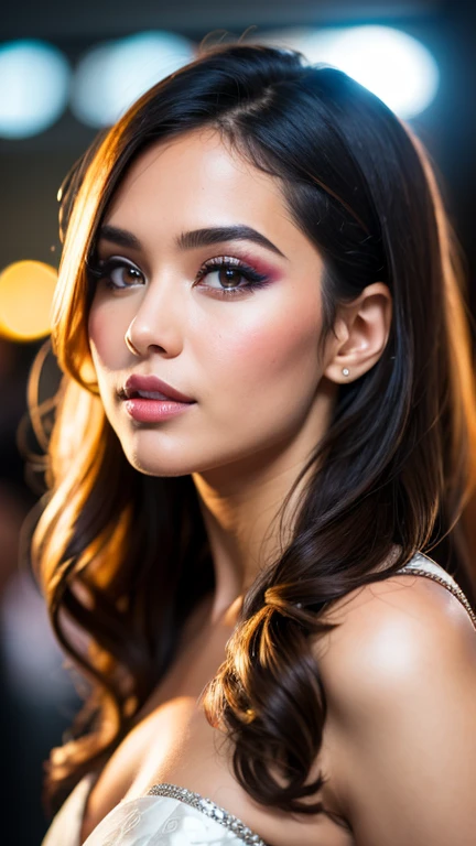 Create a gorgeous girl in an extra ordinary scene of gala dinner, give more attention on detail of face and hair and finger, real skin texture, ultra sharp image, super fine art,