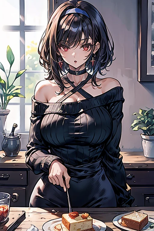 masterpiece, yor, 1girl, Amazing Cleavage:1.3, thin waist, big ass, Raised sexy, medium breast: 1.8 posed cleavage:1.2、solo, looking at viewer, open mouth, have a cup of orange juce,black hair, red eyes, dress, bare shoulders, jewelry, collarbone, sidelocks, hairband, earrings, indoors, off shoulder, :o, sweater, arms behind back, plant, short hair with long locks, white hairband, off-shoulder dress, sweater dress, off-shoulder sweater, red sweater, big side hair, very long side hair,is rendered in (masterpiece: 1.2, best quality), with (ultra high resolution) and an exquisite (depth of field). This masterpiece is not only visually stunning but also tells, make of cake cooking ,in the kitchen