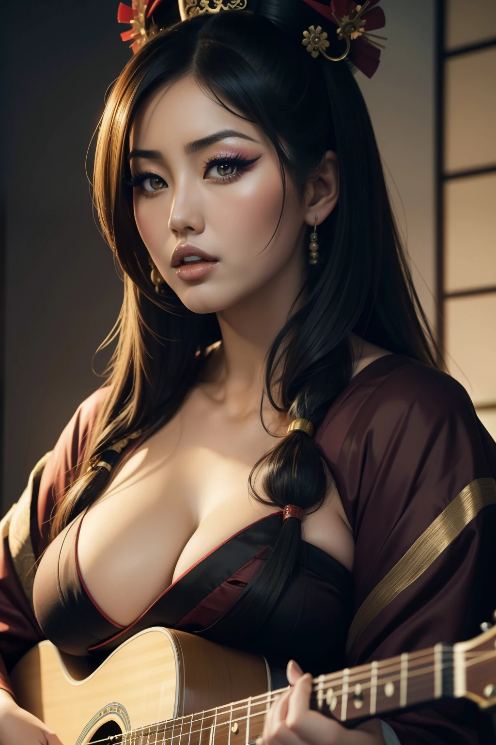 Lucy Pinder, very intense makeup, mouth open, neckline, voluptuous woman, face portrait, Geisha, Geisha's makeup, Asian Woman, Sexy woman, ((Karen Fukuhara)), Playing Guitar