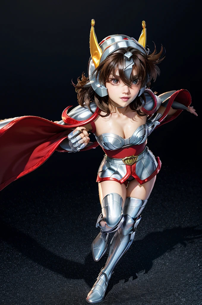 beautiful detail, best quality, 8k, highly detailed face and skin texture, high resolution, cute asian short hair girl in red short sleeve and silver armor, wearing horse head helmet standing at greek ancient ruin, full body, sharp focus