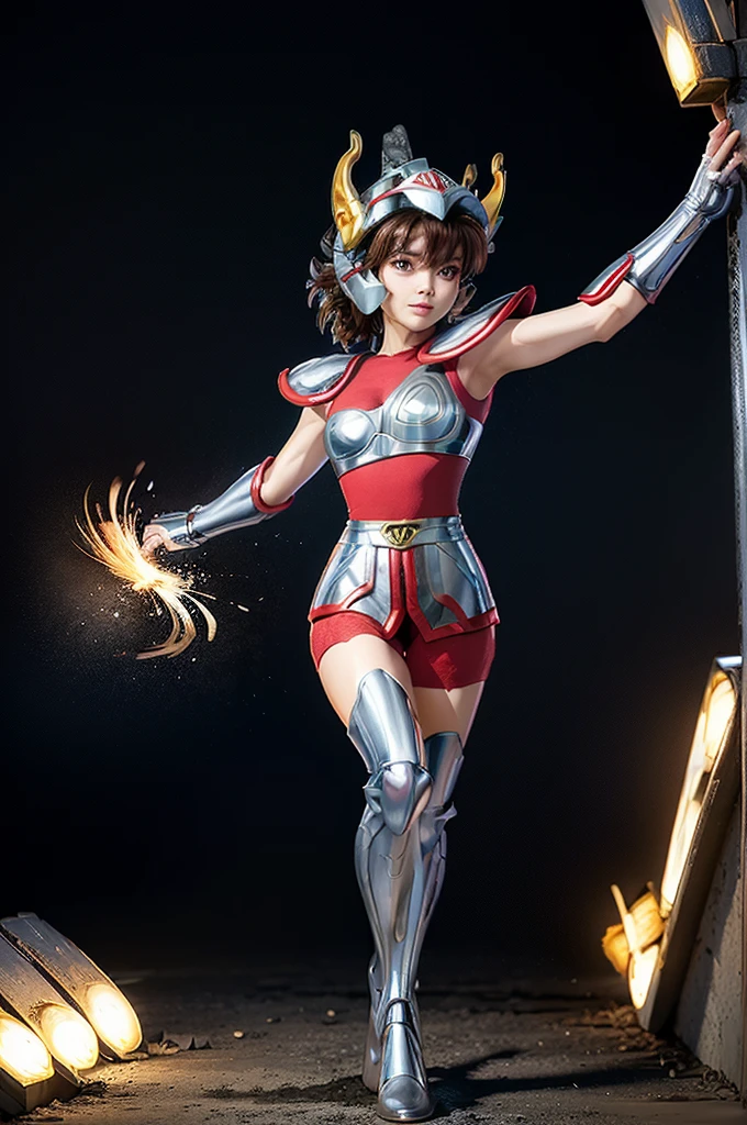 beautiful detail, best quality, 8k, highly detailed face and skin texture, high resolution, cute asian short hair girl in red short sleeve and silver armor, wearing horse head helmet standing at greek ancient ruin, full body, sharp focus