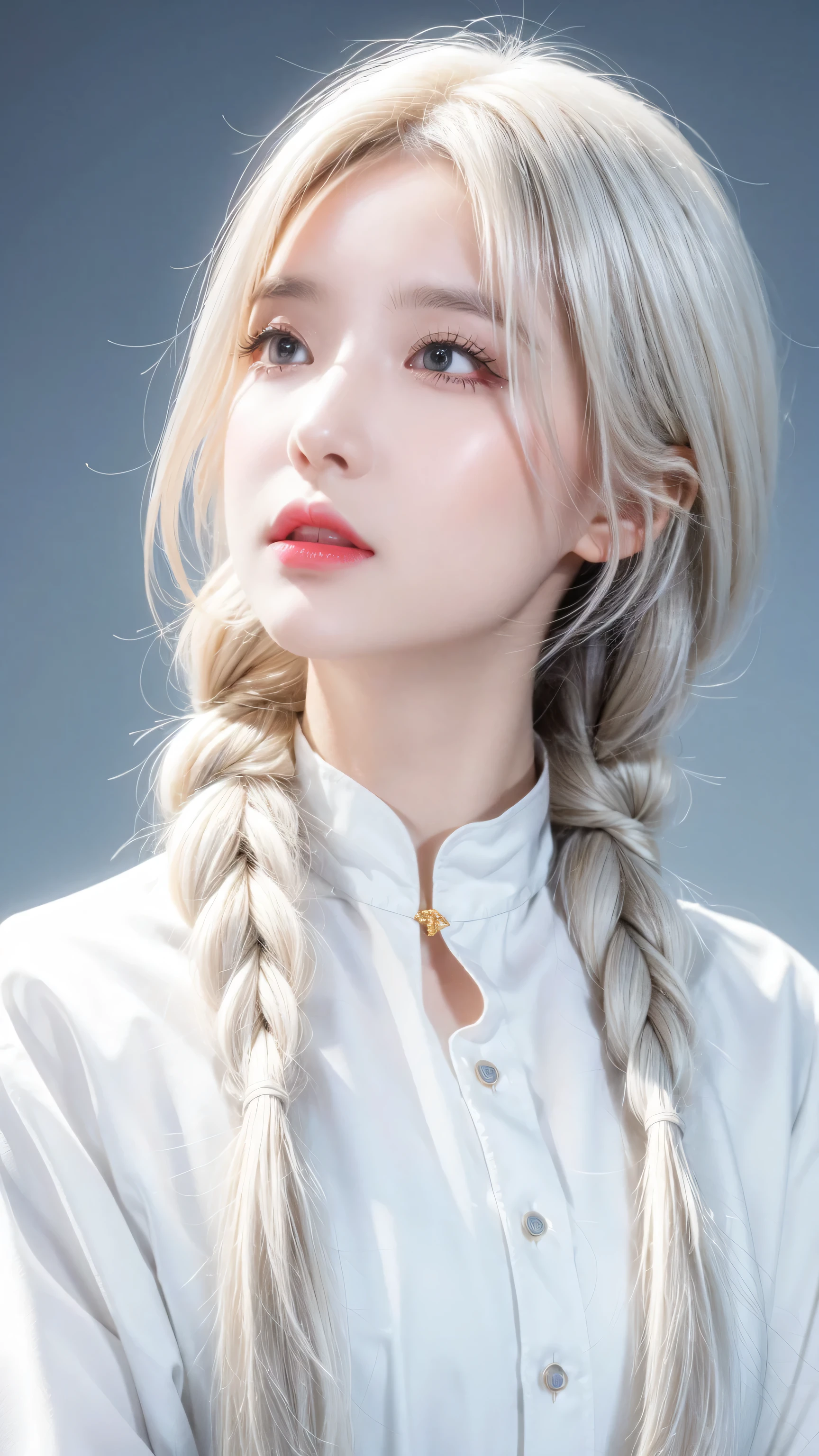 best quality, masterpiece,white hair, Golden Eyes,White clothes, look up, Upper Body,Hair,White skin,Side Braid
