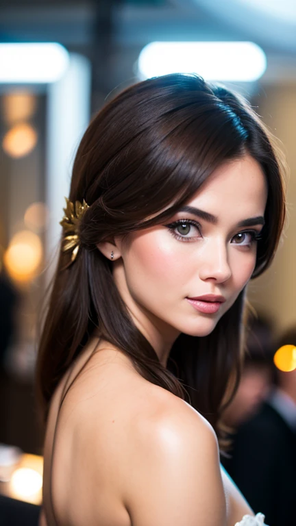 Create a gorgeous girl in an extra ordinary scene of gala dinner, give more attention on detail of face and hair and finger, real skin texture, ultra sharp image, super fine art,