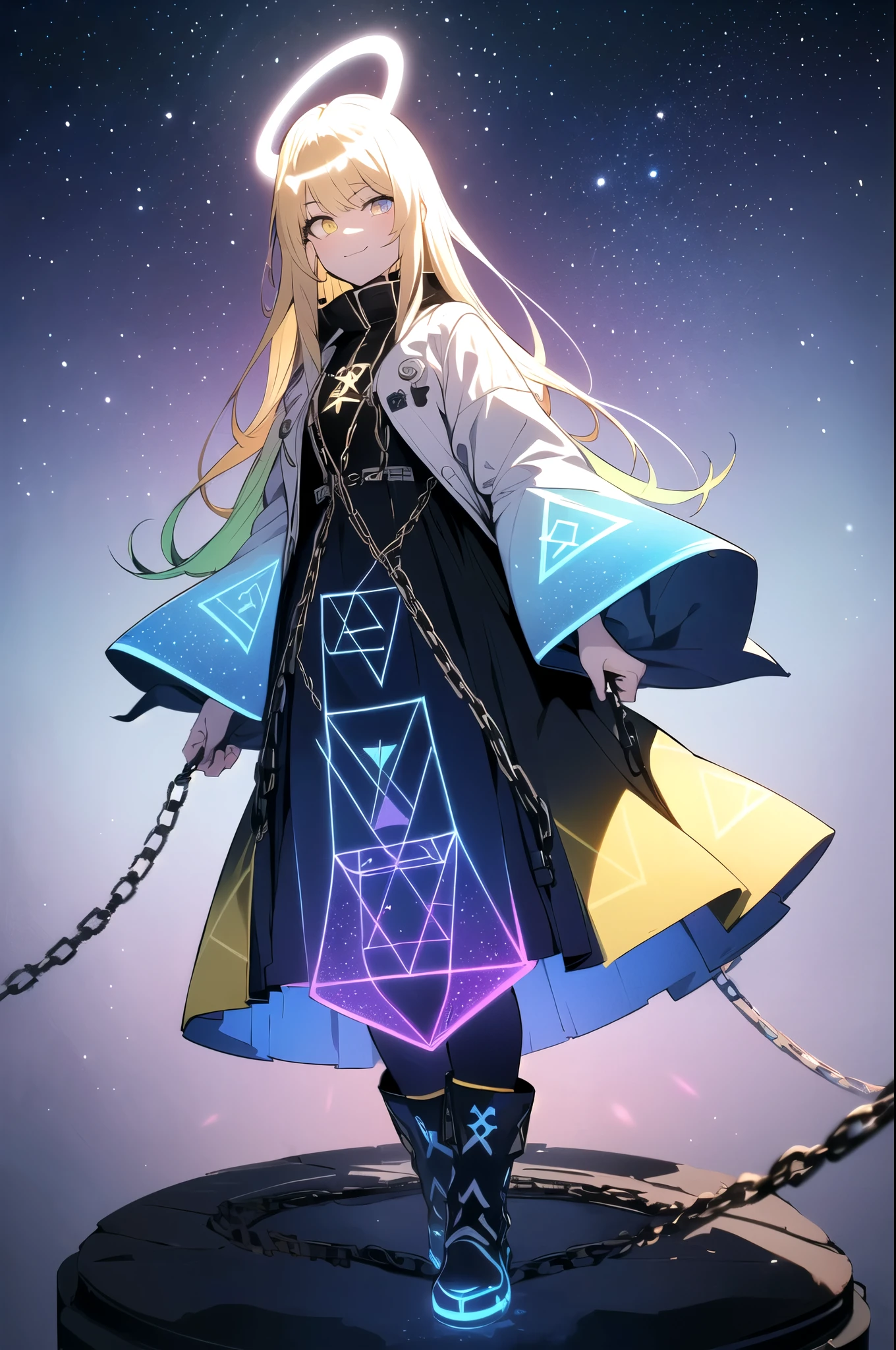 (blonde hair, long hair, sidelocks), (eyes with a mix of yellow and blue irises:1.5), two-tone eyes, multicolored eyes gradient eyes, white and blue jacket with constellation prints, (best quality,4k,8k,highres,masterpiece:1.2), ultra-detailed, portraits, (HDR:1.1), (vivid colors:1.1), (studio lighting), (bokeh), (highly saturated colors), (soft lighting), (detailed background), (subtle shadows), (ethereal glow), (pastel color palette), (delicate details), (sublime beauty), (feminine charm), (crisp focus), (fine brushwork), (impeccable craftsmanship), (emotional depth), (captivating storytelling), (intriguing narrative), (impressive realism), (exceptional artistry), (masterpiece-worthy), (awe-inspiring), blonde hair, very long hair, sidelocks, (eyes with a mix of yellow and blue irises:1.5), (two-tone eyes:1.5), (multicolored irises:1.5), multicolored eyes (gradient eyes:1.5), white and blue jacket with constellation prints, metallic skirt, (smug:1.5), (smirk), naughty face, mischievous, futuristic clothing, science fiction setting, high-tech, glowing eyes, (unicursal hexagram-shaped irises), (full body:1.5), (chains:1.5), (holographic halo:1.5), (unicursal hexagram halo:1.5)