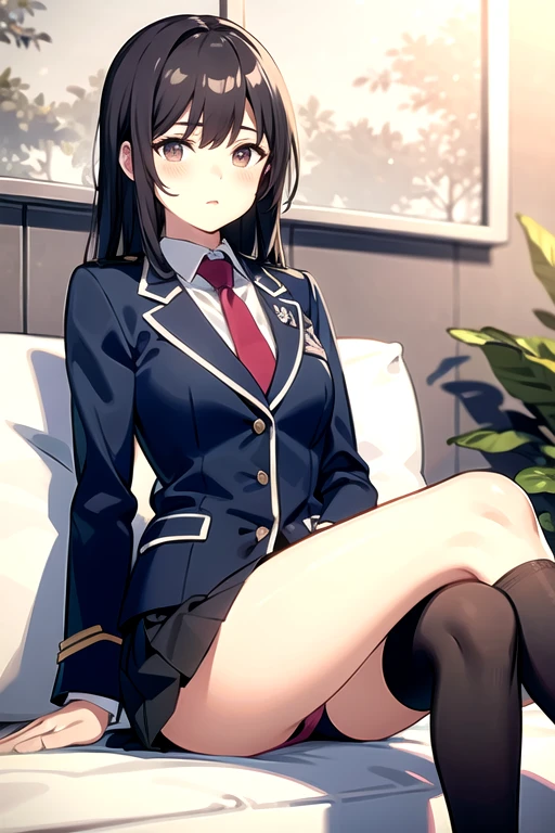 blazer,uniform,Panty shot,tie,Sitting with legs crossed,Wide Stride