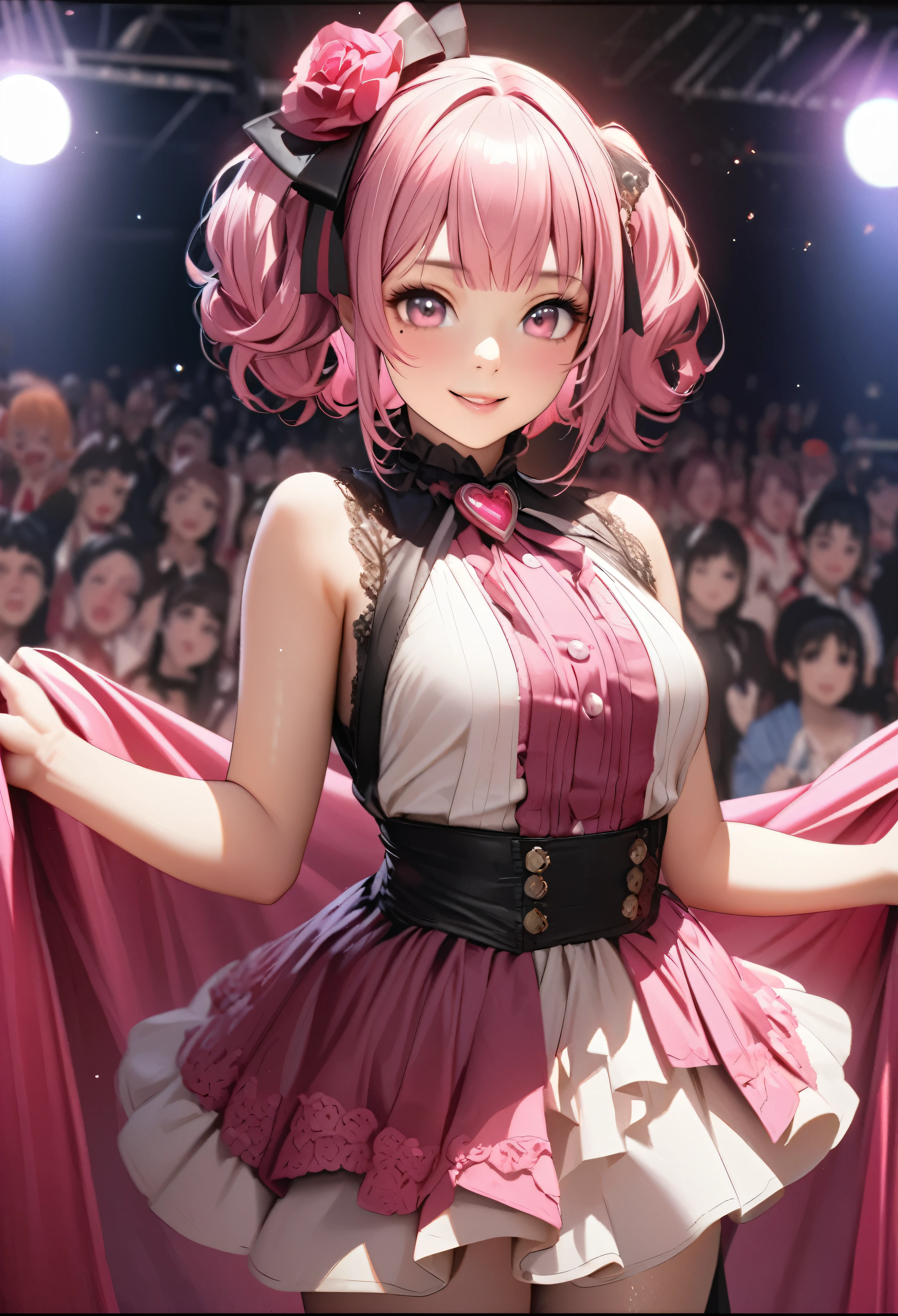 One Girl、Looking at the audience、
Beautiful pink eyes、Long pink hair、,Mole under the eye、Plump and glossy lips、Heart-shaped choca、Idol、Her name is Rico,smile、ー、。.。.。.。.。.。.。.。.。.。.。.。.。.。.。.。.。.。.3D、Realistic、
IDOL costumes、Short skirt,Drape clothes、gem、The decoration has been removed、Floral、Lace trim,On a glittering stage、
masterpiece、highest quality、8k、Detailed skin texture、Detailed cloth texture、Beautifully detailed face、Intricate details、Very detailed、
超A high resolution、8k Ultra HD、Film Grain、Best Shadow、delicate、Gazing at the audience、front