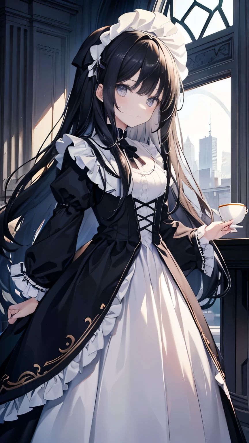 ,Girl,Best image quality,,Black Hair,,Grey Eyes,,White skin,Long Hair,Straight Hair,Western-style building,indoor,Cosmos,White Gothic Dress,Black tea,Frills,,