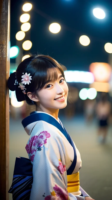 (Kimono),(Top Quality,Masterpiece:1.3,Super A high resolution,),(Highly Detailed,Caustics),(Photorealistic:1.4,RAW Shooting,)Ultra Realistic Capture,Highly Detailed,High Resolution 16K for Human Skin,Clear White Skin,Use Natural Light and Color,One Female,Japanese,,Beautiful, 18 years old, smiling, dark hair, middle hair,(depth of written border, chromatic aberration,, wide range of lighting, natural shading,),(hair waving in wind: 1.1),(outdoor lighting at night: 1.3),(background at fair at summer festival: 1.2), front