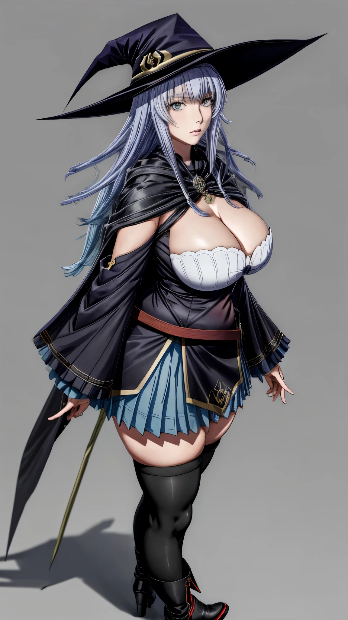 Charlotte Reis, Tensei Kizoku Kantei Skill de Nariagaru, large breasts, thick thighs, curvy hips, masterpiece, best quality, highres, 1girl, witch hat cape blue skirt black thighhighs boots detached sleeves wide sleeves from side, looking at viewer,