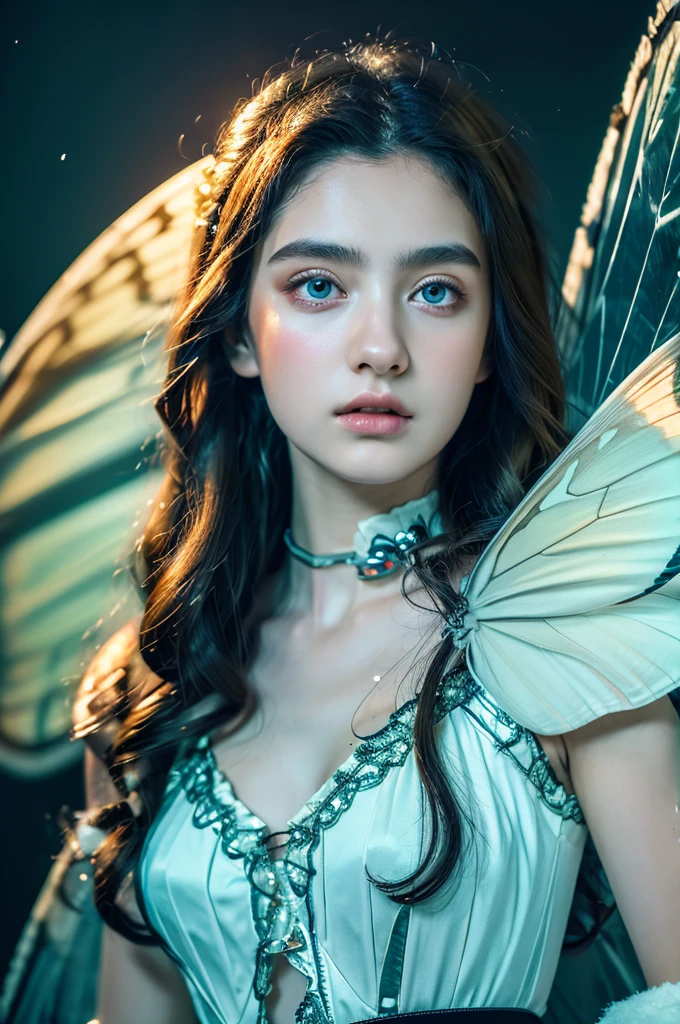( masterpiece, top quality, best quality,8k,17 years old girl,ultra detailed,raw photo:1.5),(photorealistic:1.4),(cinematic lighting), PerfectNwsjMajic, , Surrealism, UHD, ccurate, Super detail, textured skin, High detail, Best quality, dynamic angle, (high nose,White skin),[Beautiful blue eyes],[flat chest:large breasts:0.5],(1girl),(good anatomy:0.5)),with white butterfly wings and fluffy butterfly eyes and characters around flying in a chaotic universe and neon lights, 